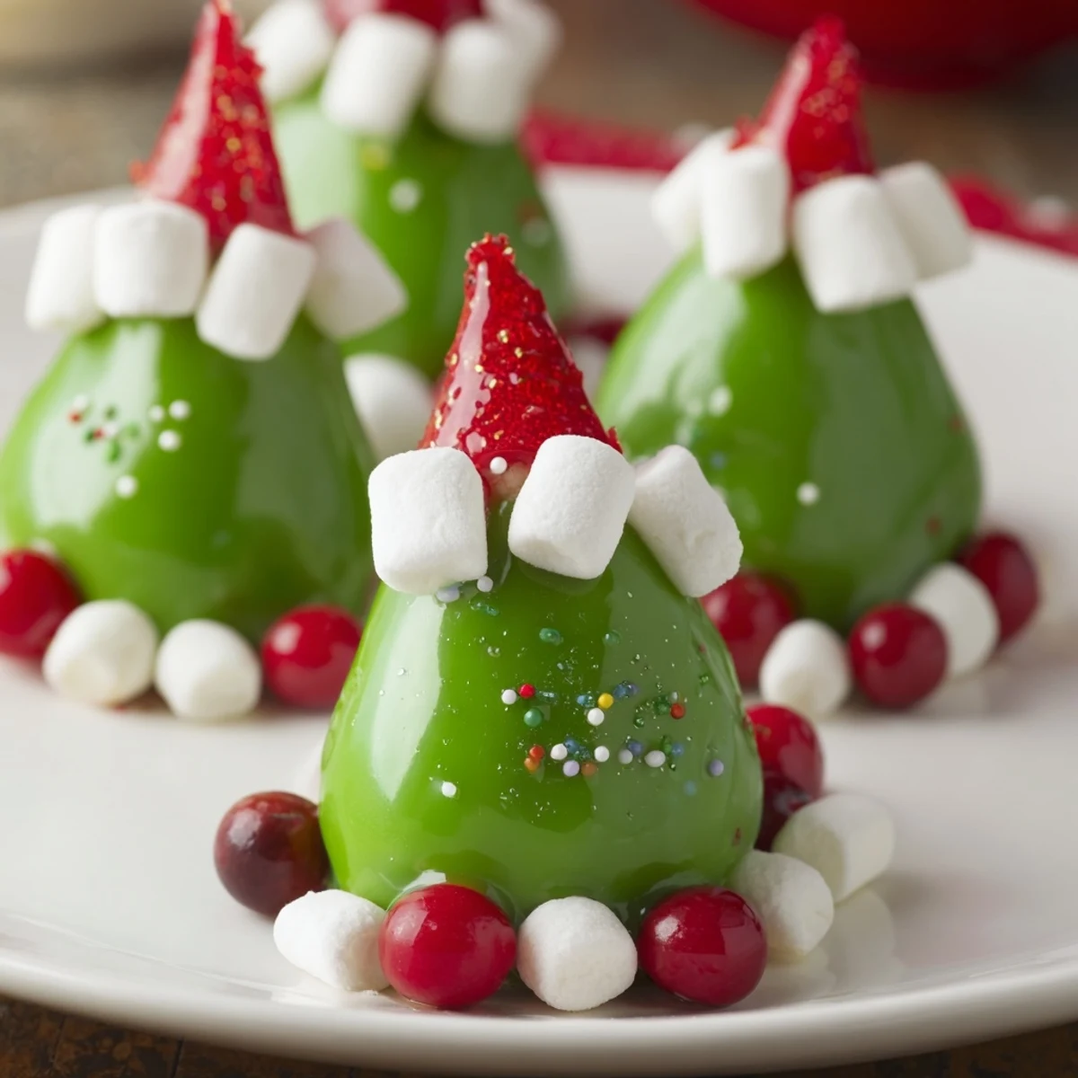 Close-up of bright green and white Elf Hat chocolate dipped strawberries, ready to serve as a tasty treat.