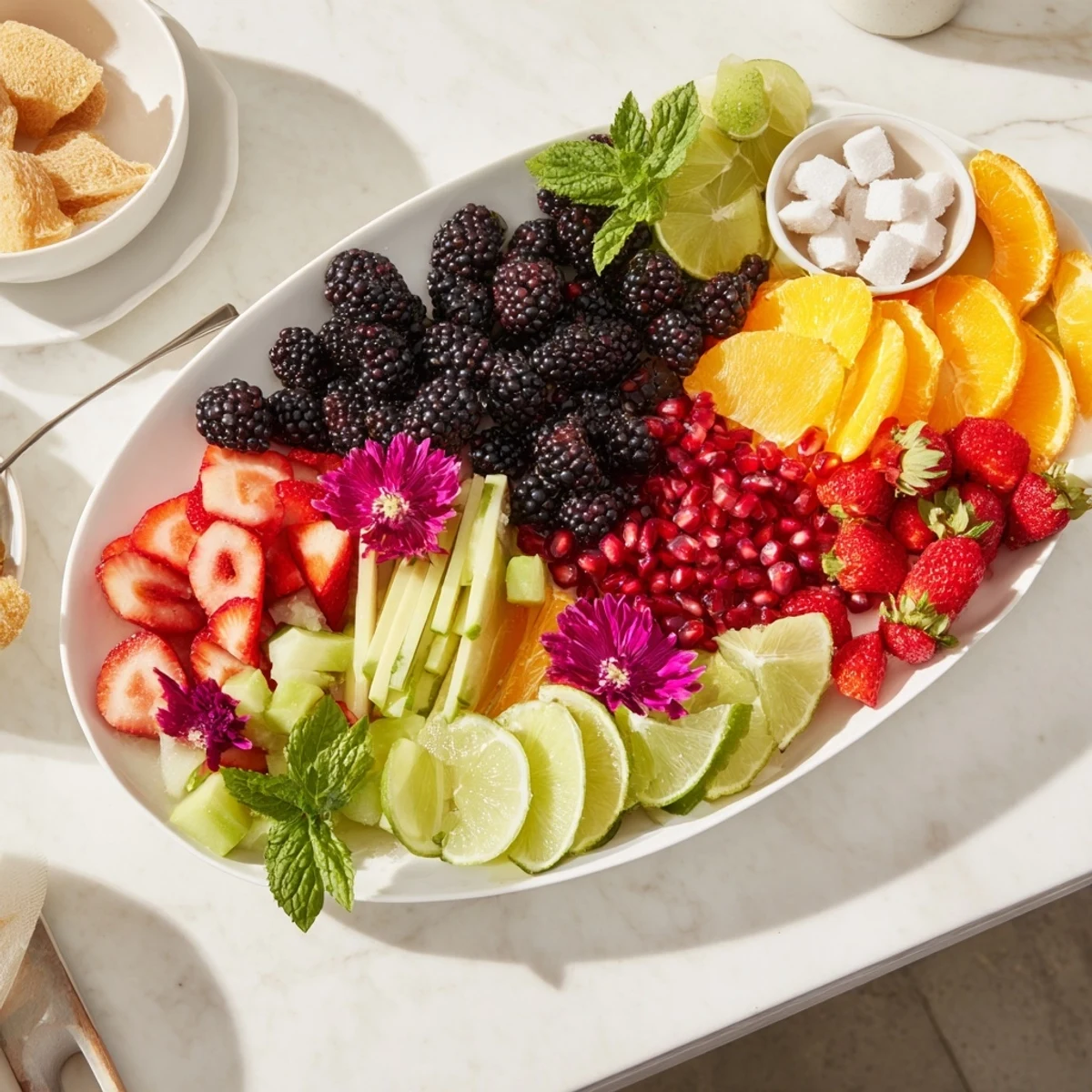 Festive close-up: A colorful Bubbly Bar Garnish Platter overflowing with fresh fruit and herbs.
