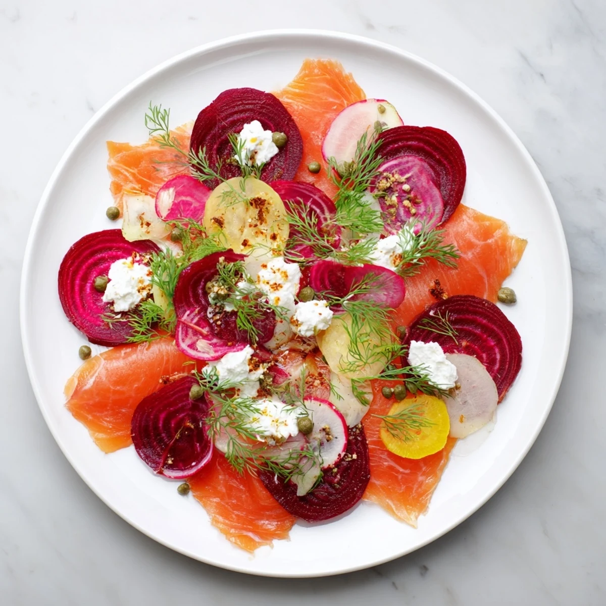 A beautifully arranged Winter Harvest Smoked Salmon Board, featuring seasonal vegetables and creamy cheeses.