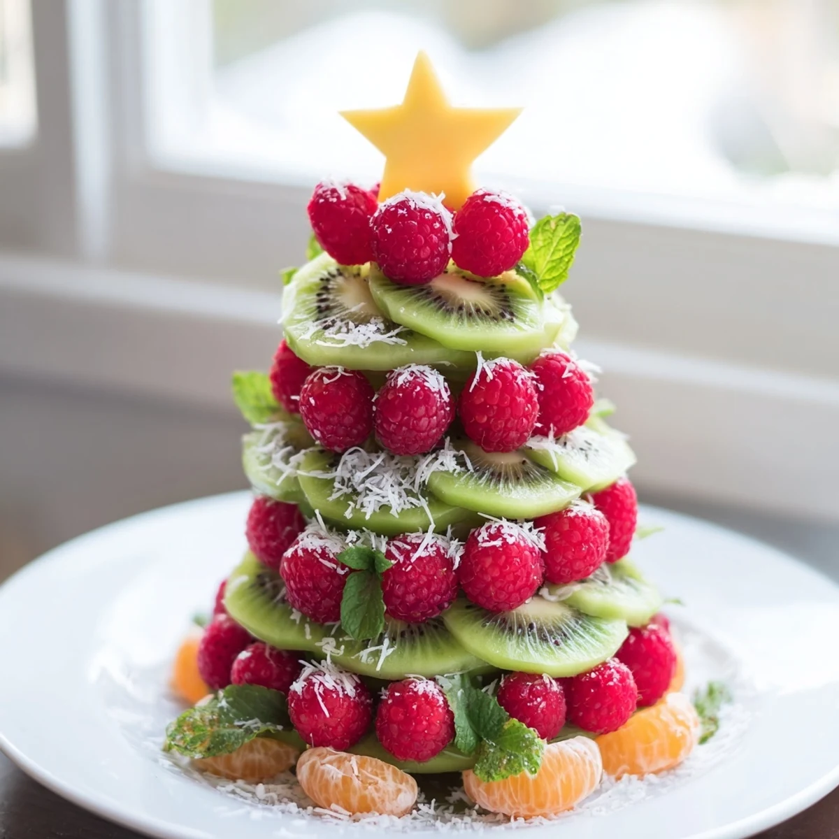 Vibrant Kiwi and raspberry Christmas tree fruit plate, a refreshing and festive appetizer for the holidays.