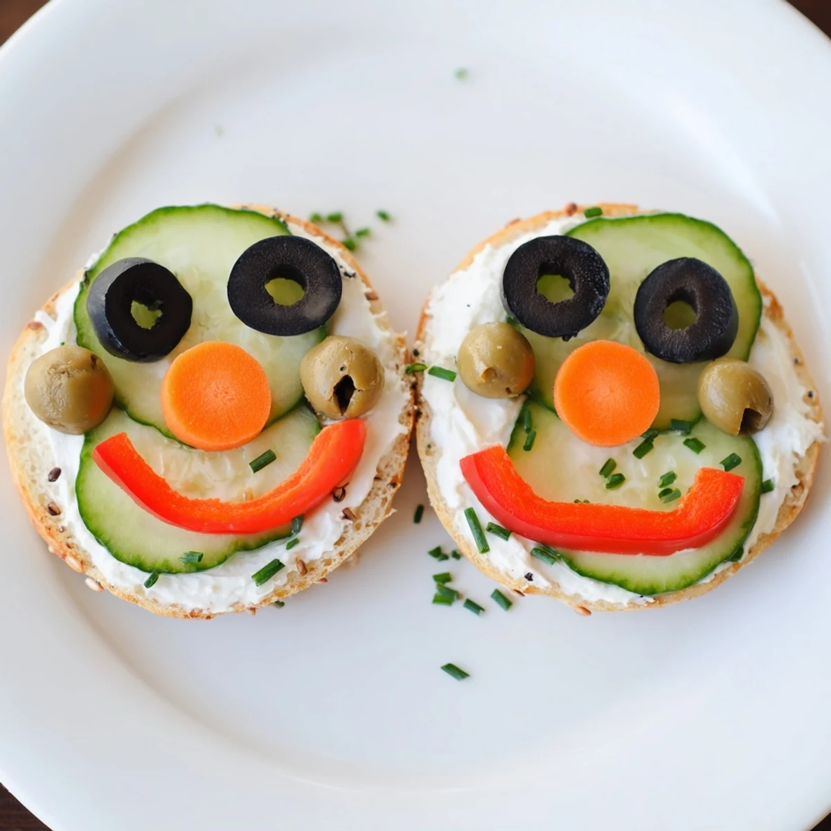 Snowman mini bagel sandwiches with olive eyes and carrot noses, a fun winter lunch idea.