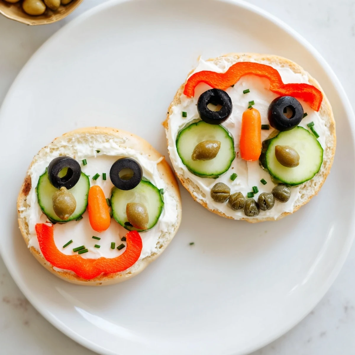 Festive snowman mini bagel sandwiches, complete with bell pepper scarves ready for a playful holiday meal.