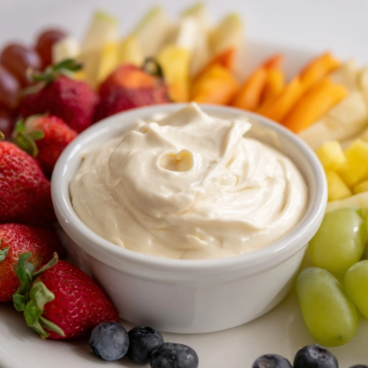 Sweet and tangy cream cheese fruit dip served in a bowl, a fresh appetizer for sharing.