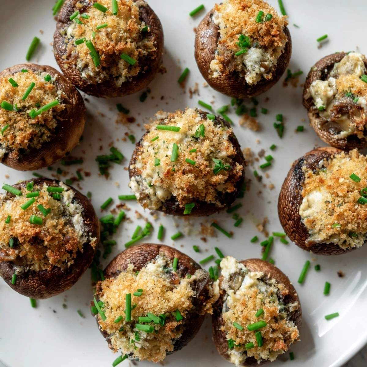 Golden-brown stuffed mushroom caps arranged in ring, a savory appetizer ready to enjoy.