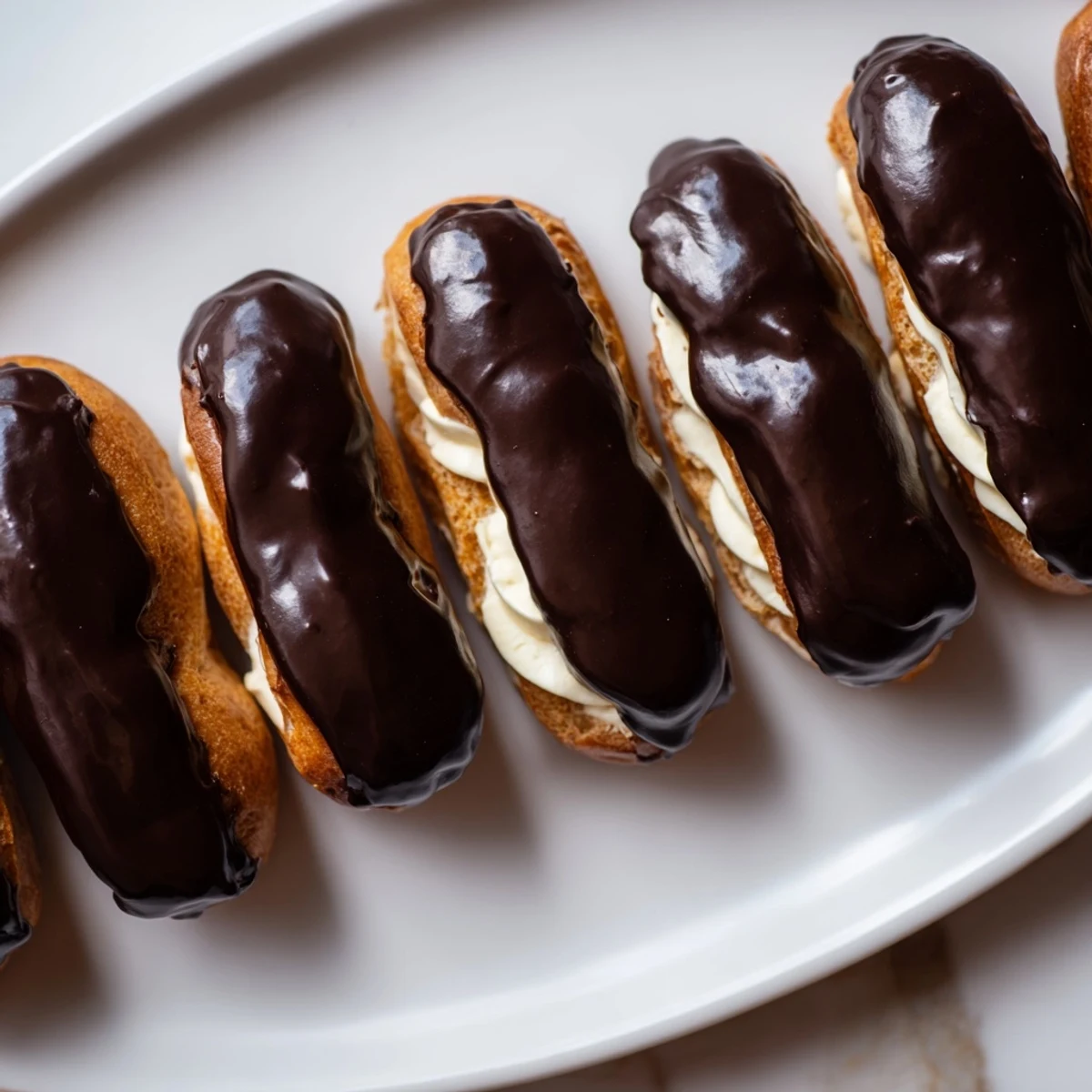 Mini chocolate éclairs, glazed and elegant, sit in a perfect row upon a white serving platter.