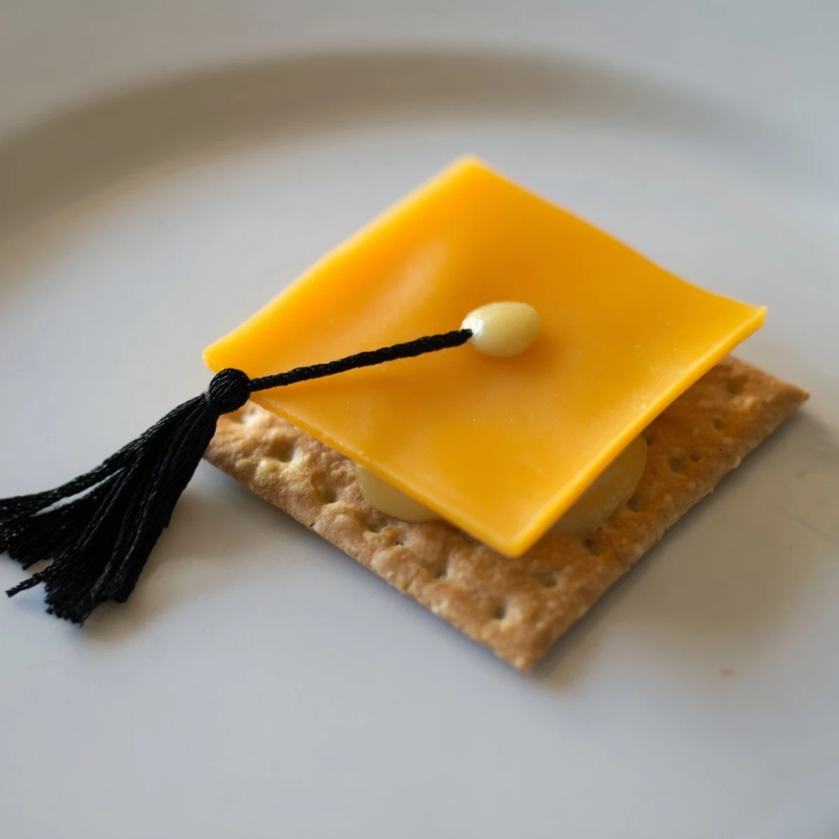 Delicious Graduation Cap Snack creation, each bite showing savory cheese with delightful dried fruit tassels.