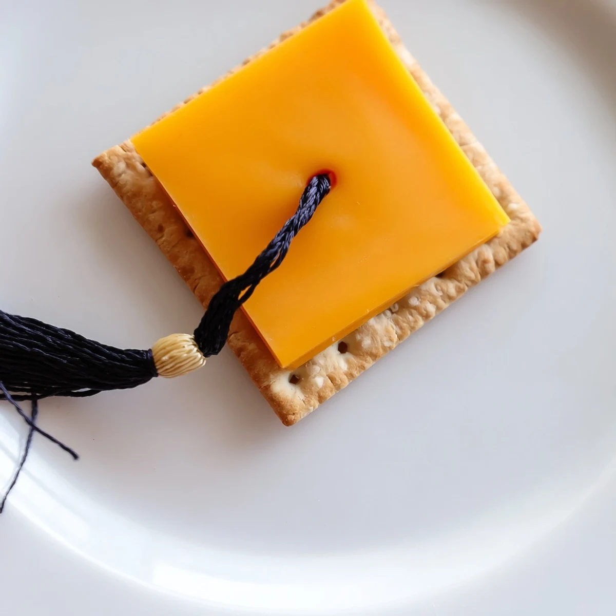 Easy to make! The Graduation Cap Snack appetizer featuring tasty cheese and a fun licorice tassel detail.