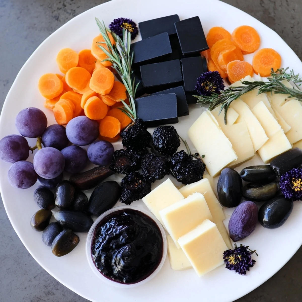 This Halloween charcuterie board shows the ghostly outline, laden with delicious crackers and cheeses.