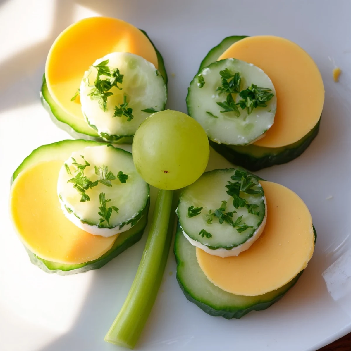 Visually appealing Lucky Four-Leaf Clover Snack made with cucumbers and cheese, ready to eat.
