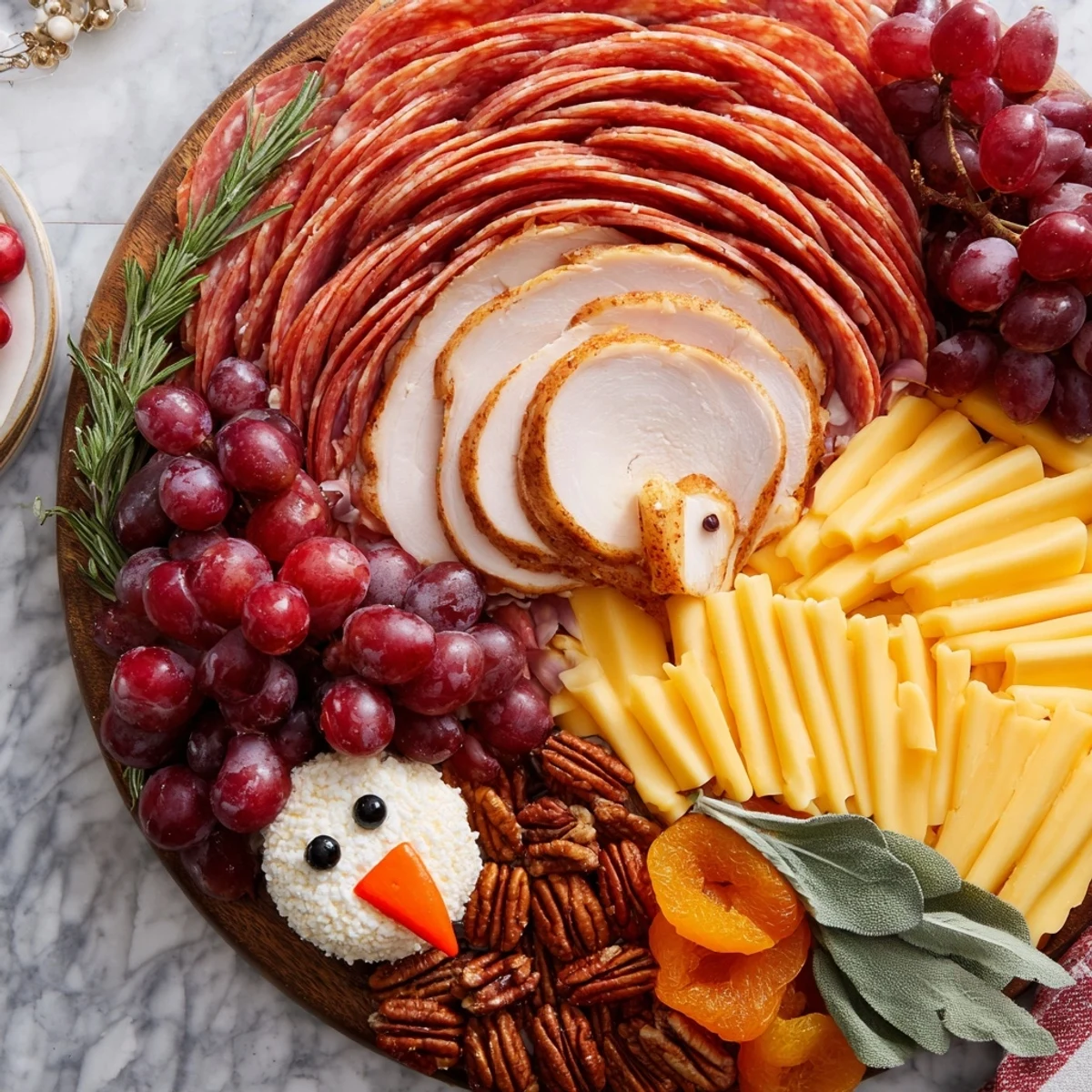 A colorful and delicious Turkey Tail Fan charcuterie board, perfect for your Thanksgiving appetizer spread.