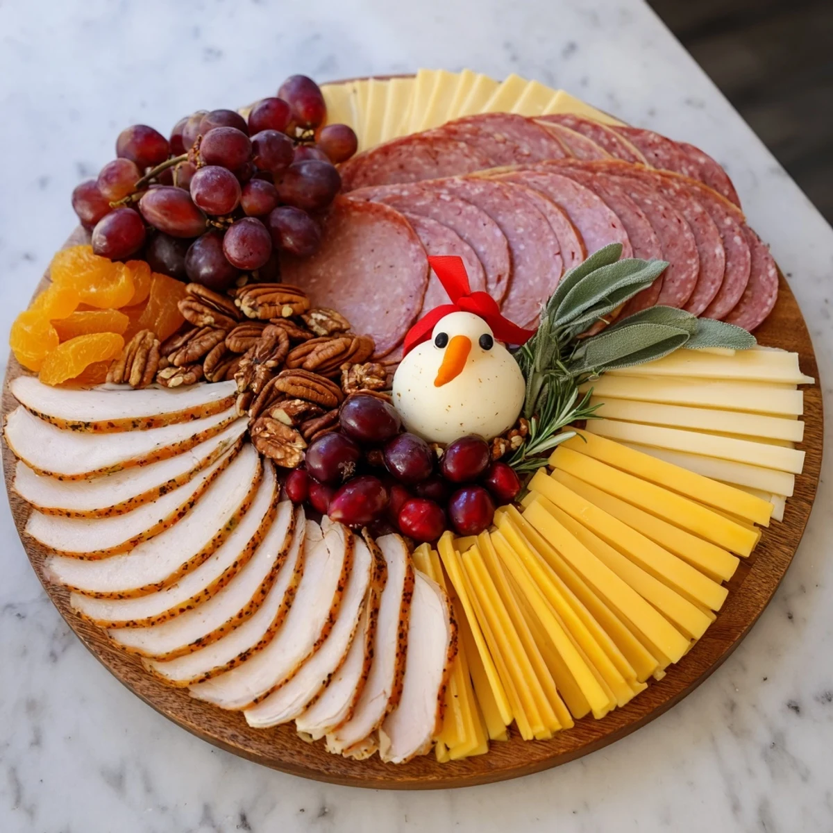 Vibrant array of meats, cheeses, and fruits compose the impressive Turkey Tail Fan for a festive gathering.