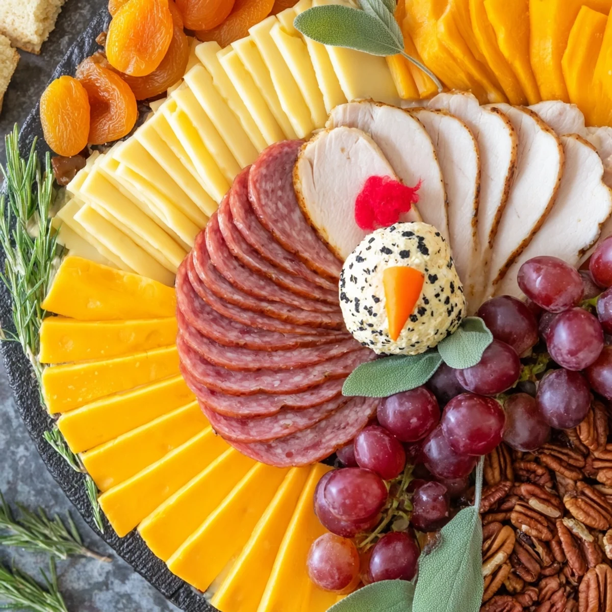 Beautifully arranged Turkey Tail Fan with crackers, cheeses, and grapes; a simple, eye-pleasing holiday appetizer.