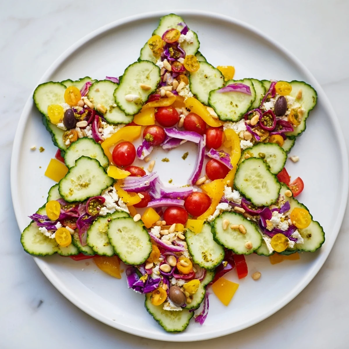 A beautifully arranged Star of David salad platter showcases fresh vegetables and feta cheese.