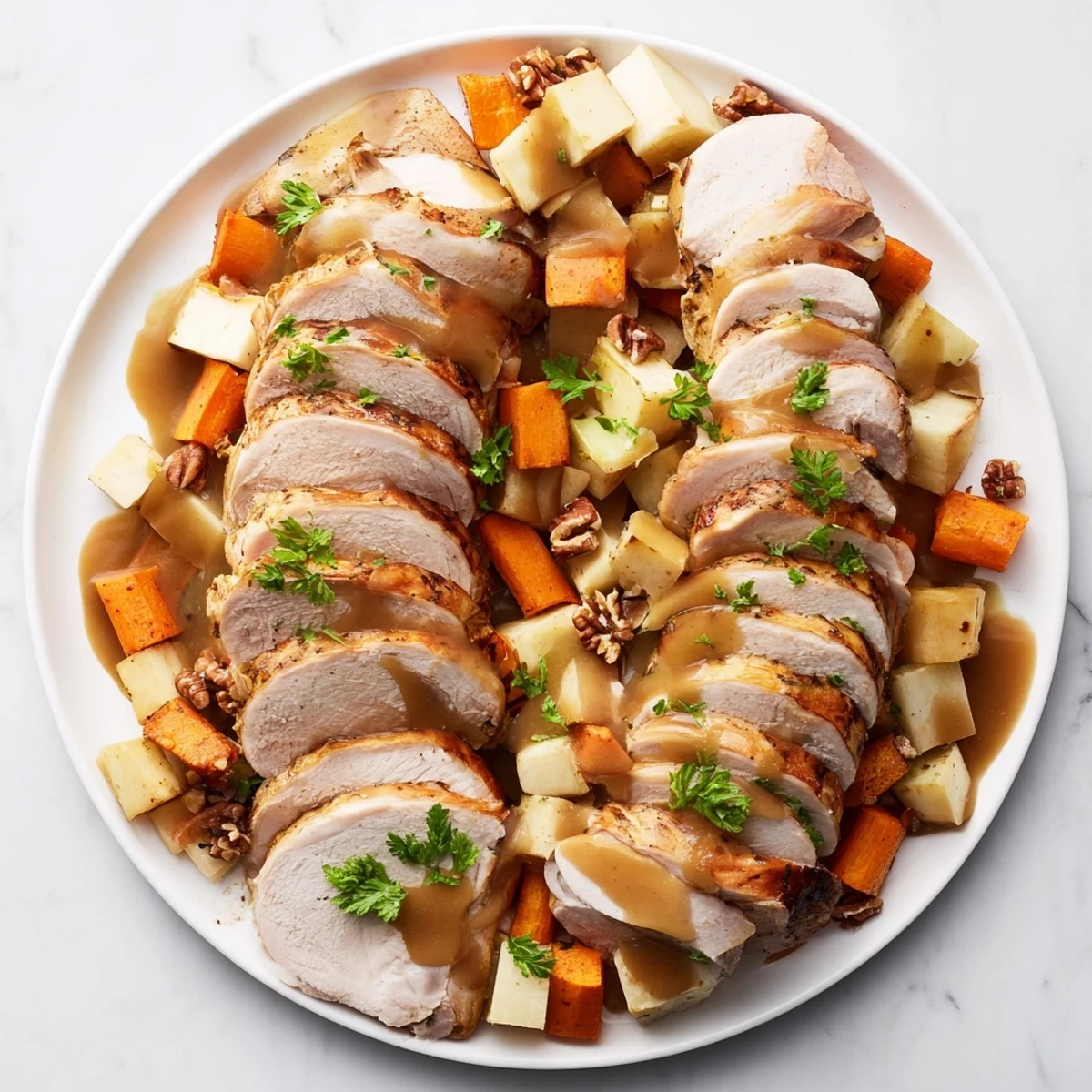 Golden-brown Chains of the Mayflower Thanksgiving main course, with roasted turkey and vegetables.