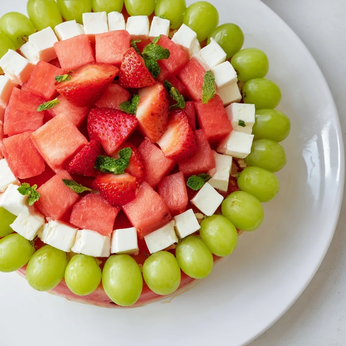 Vibrant Summer Watermelon Slice platter featuring refreshing watermelon, grapes, mozzarella, and strawberries, a perfect summer appetizer.