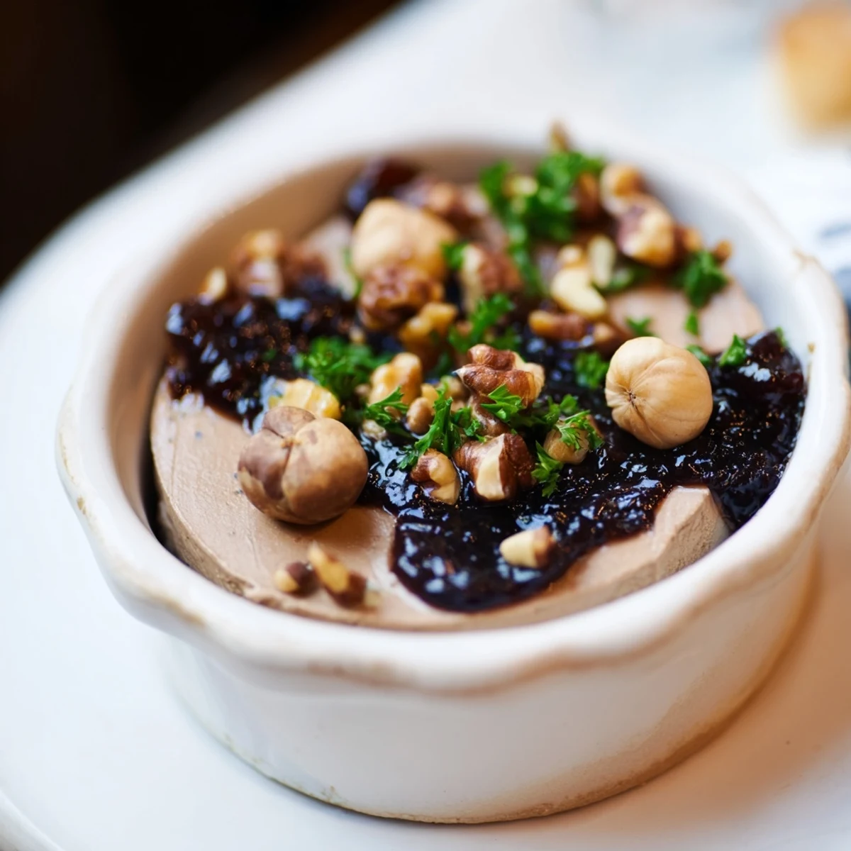 Velvet Underground appetizer: layers of creamy pâté, sweet jams, and crunchy nuts, a treat!