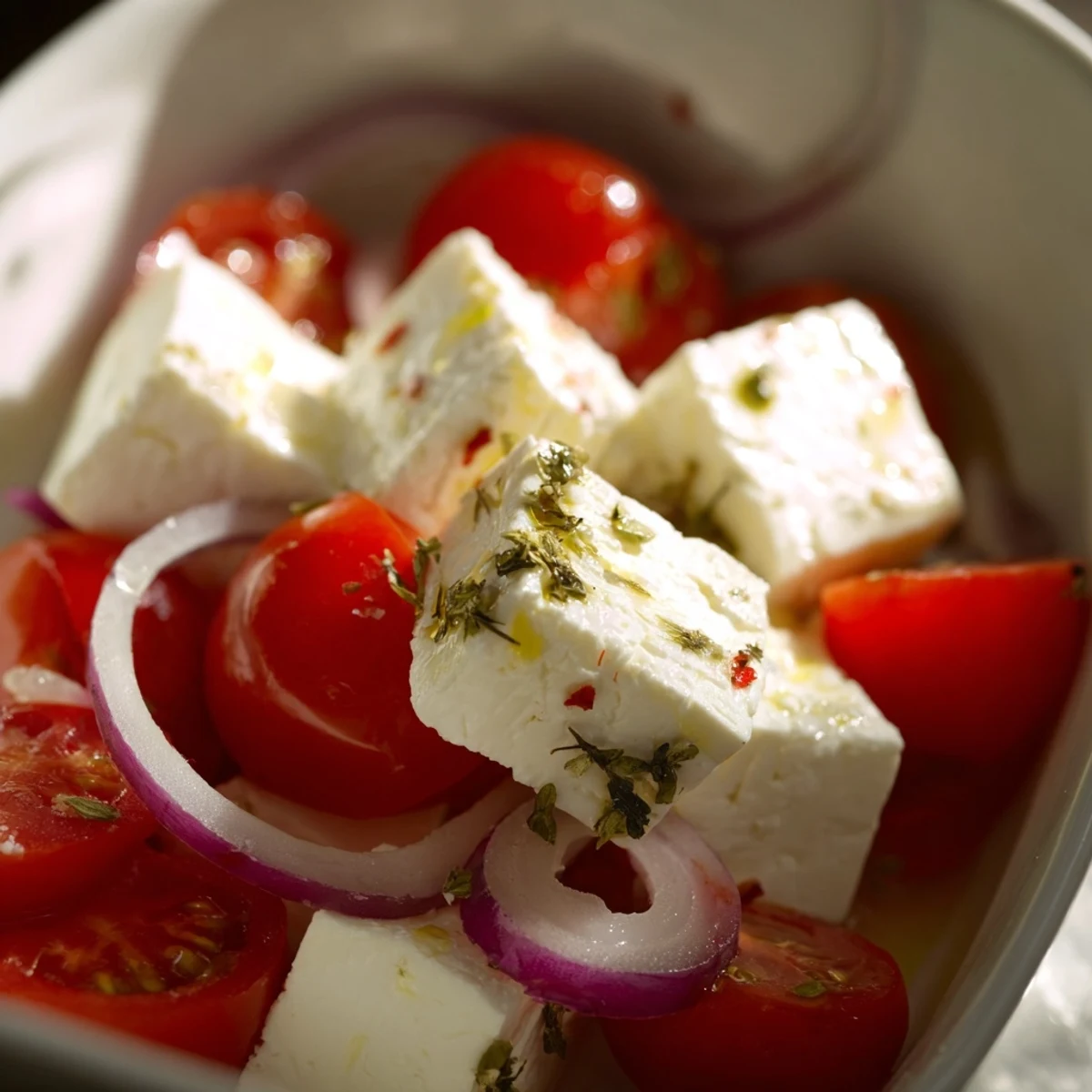 Close-up of a Sun-Drenched Patio mezze featuring feta, olives, and an inviting assortment of fresh options.