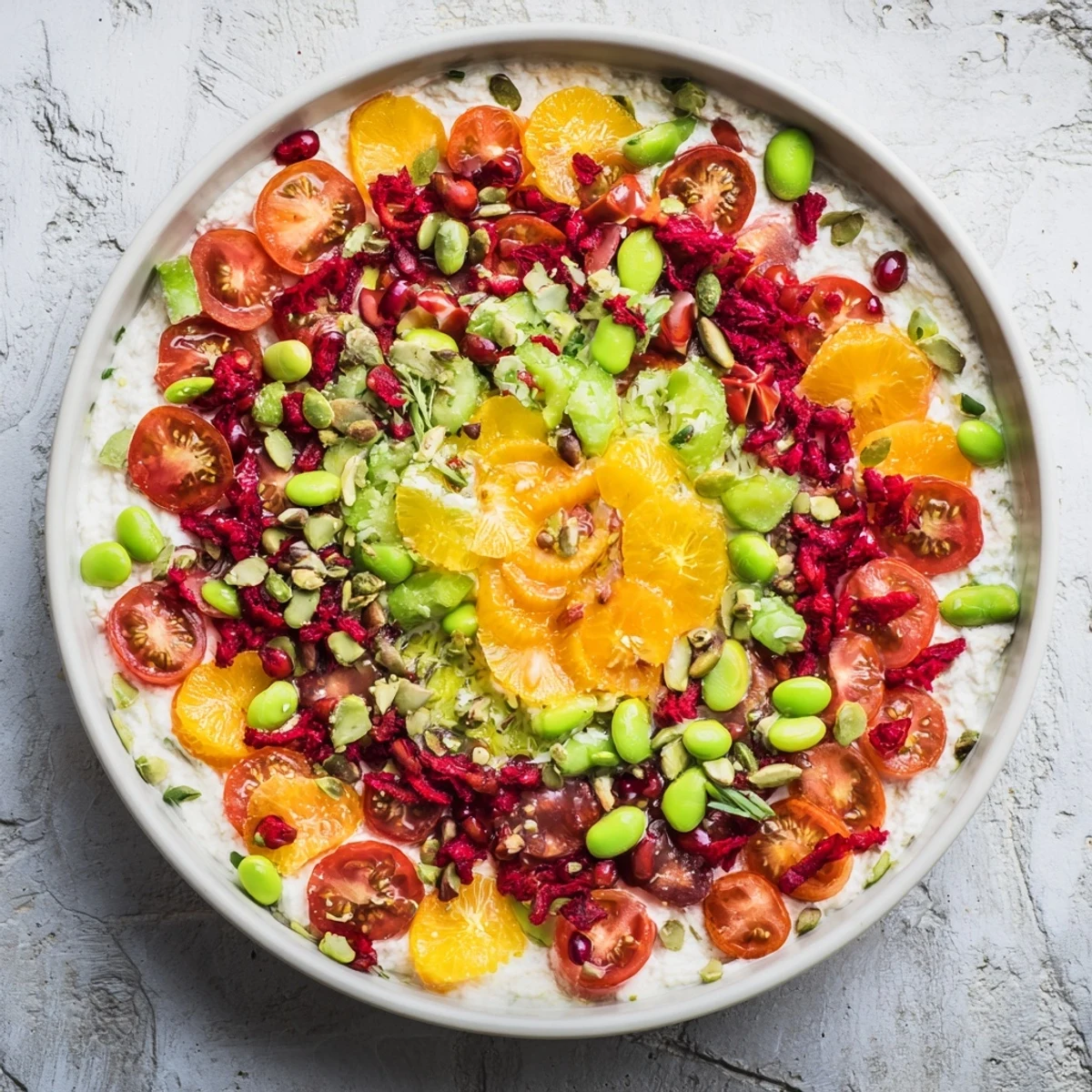 A beautiful arrangement shows the ingredients of the Prism Burst salad ready to eat.