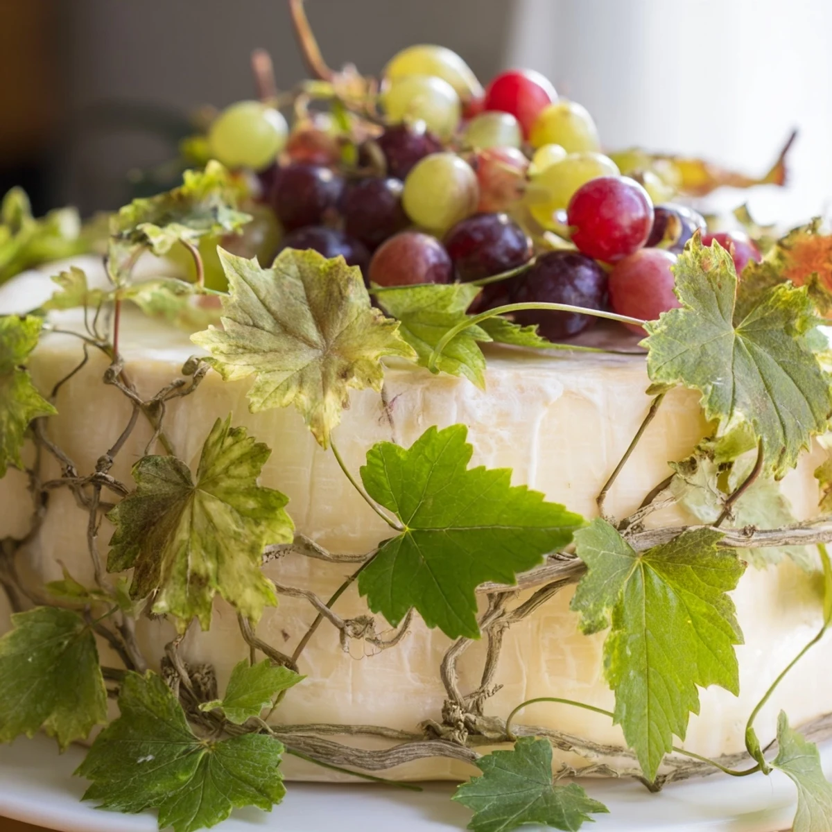 Rustic Vineyard cheese board overflowing with fresh grapes and grapevine branches, perfect appetizer.