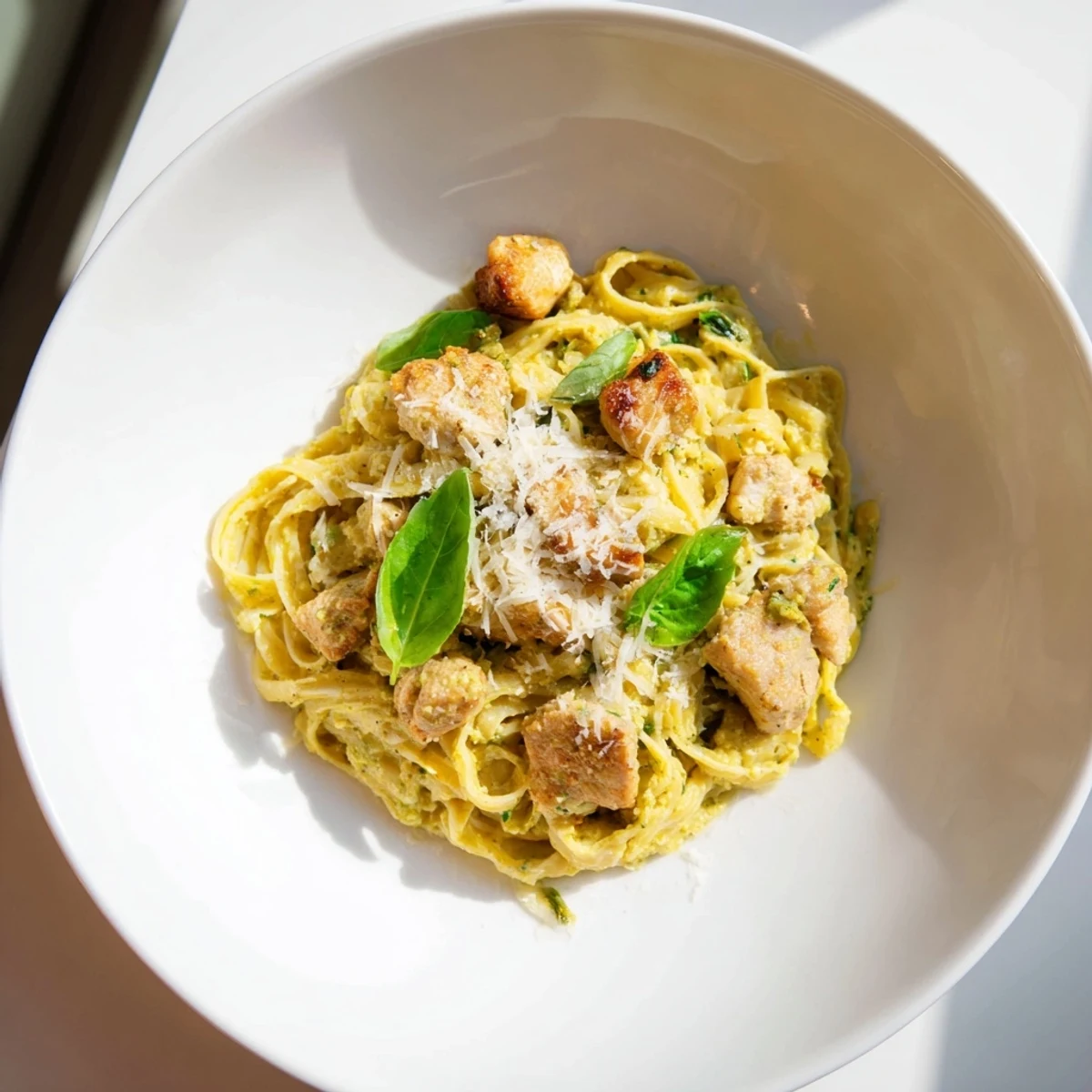 Steaming plate of pesto egg and chicken pasta topped with fresh herbs, ready to enjoy.