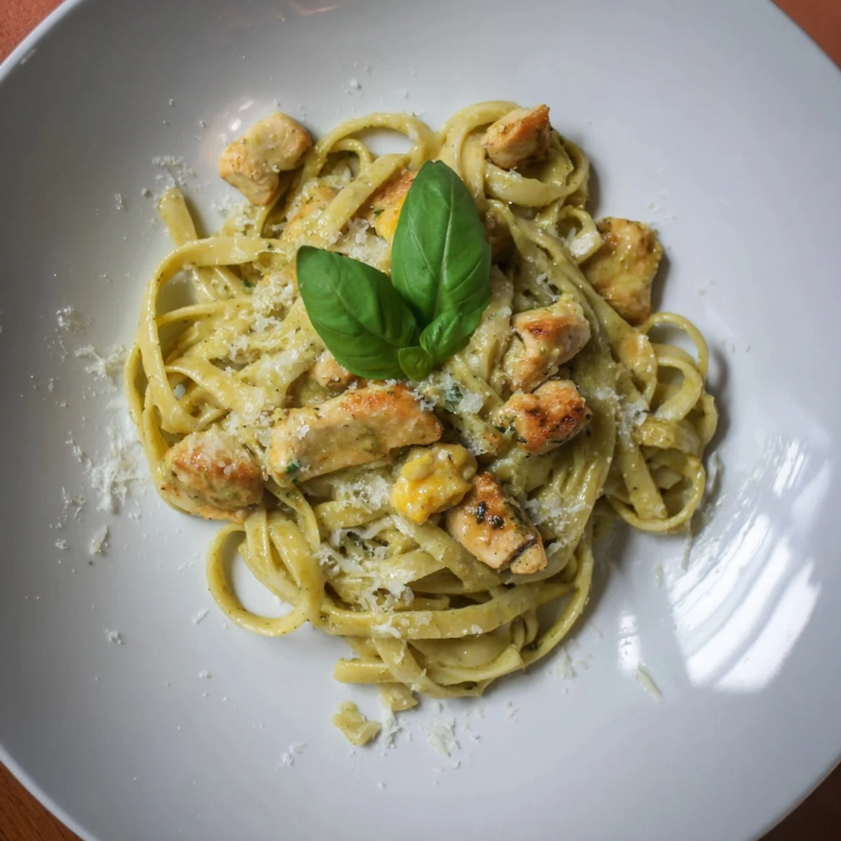 Vibrant image of pesto egg and chicken pasta, perfectly tossed and ready for a satisfying dinner.