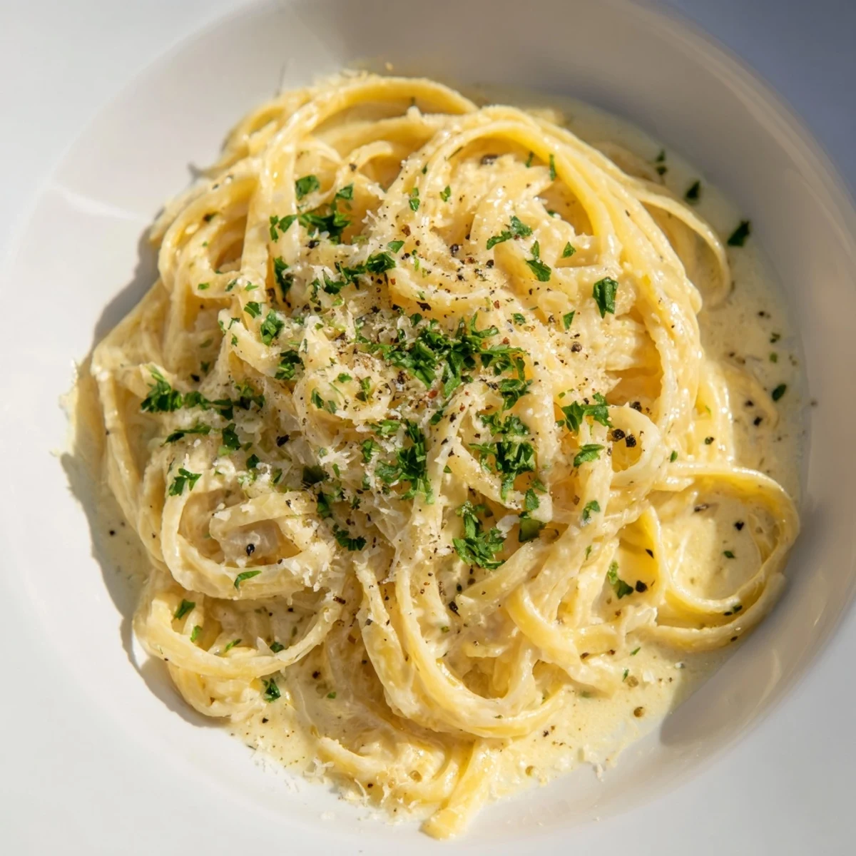 Creamy Lemon-Garlic Greek Yogurt Pasta, ready to eat, topped with fresh parsley and Parmesan.