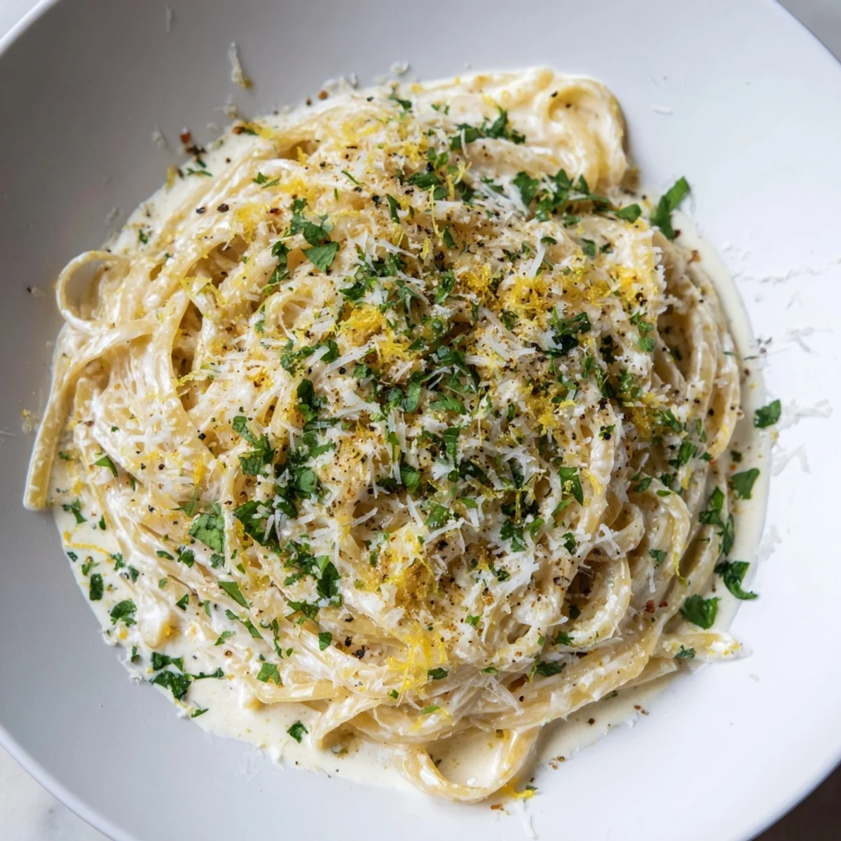 A close-up of Lemon-Garlic Greek Yogurt Pasta, glistening with lemon and garlic sauce; delicious!