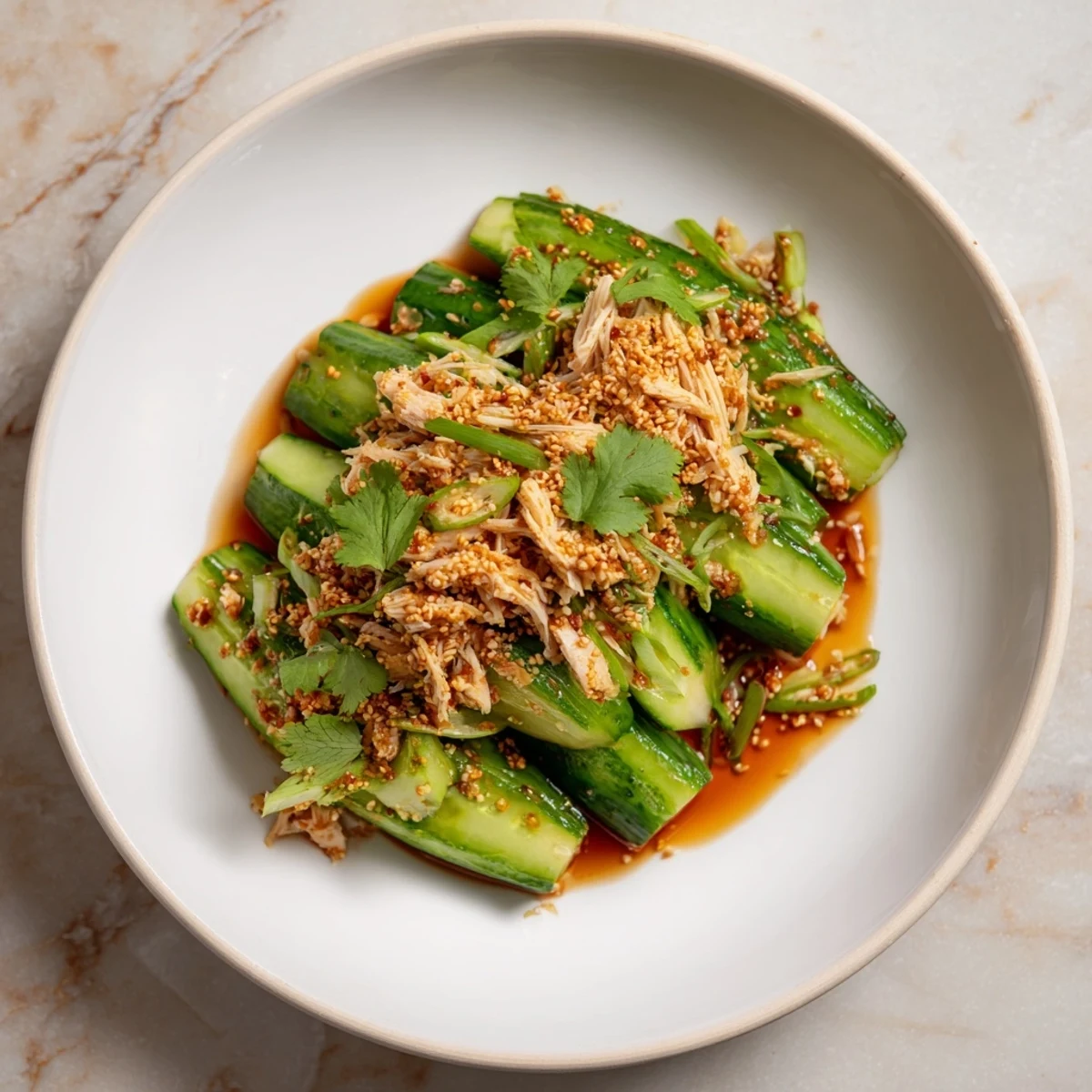 Smashed whole cucumbers in savory Whole Cucumber Logan Salad, topped with juicy shredded chicken.