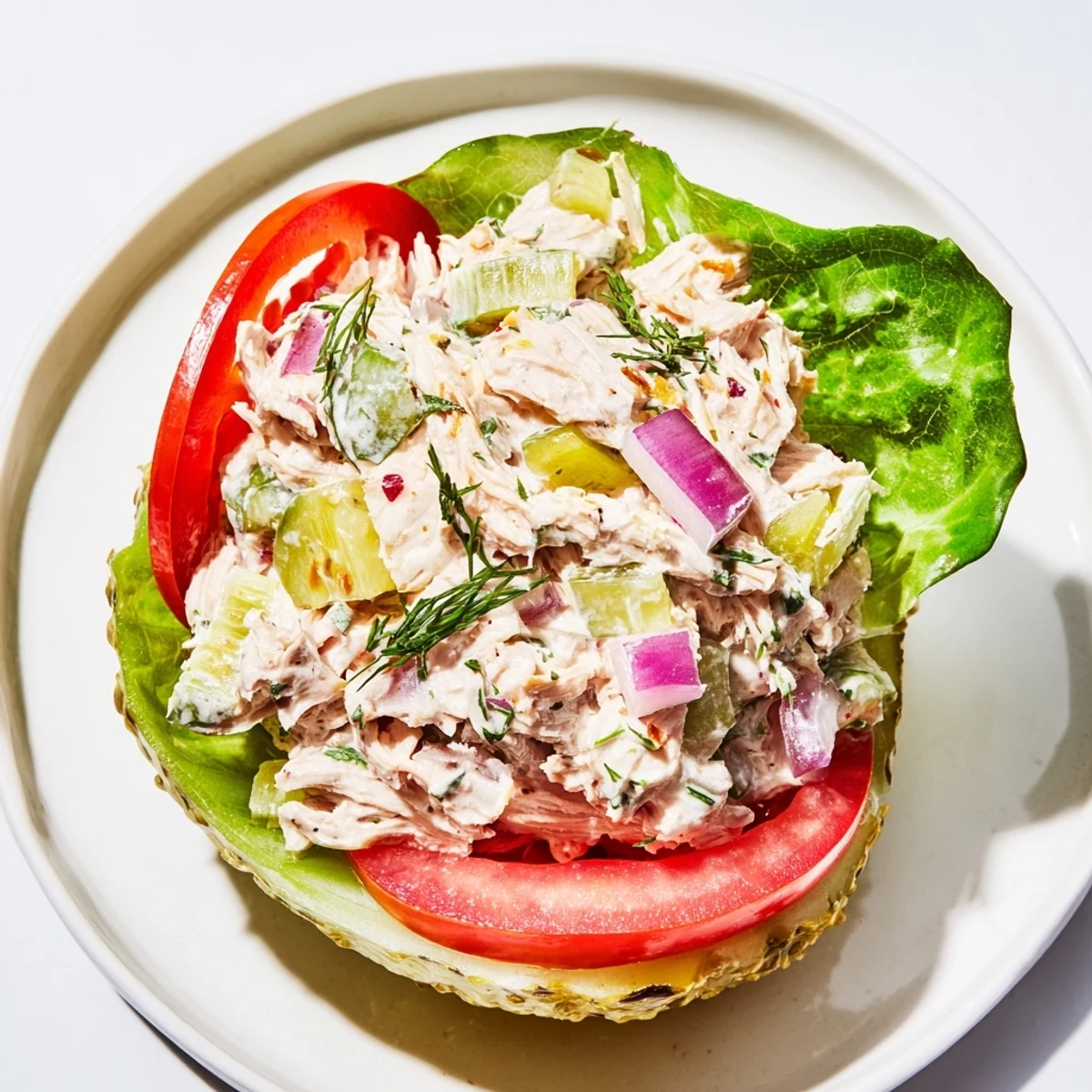 Savory pickle sandwich loaded with creamy chicken salad and fresh, crisp dill for lunch.