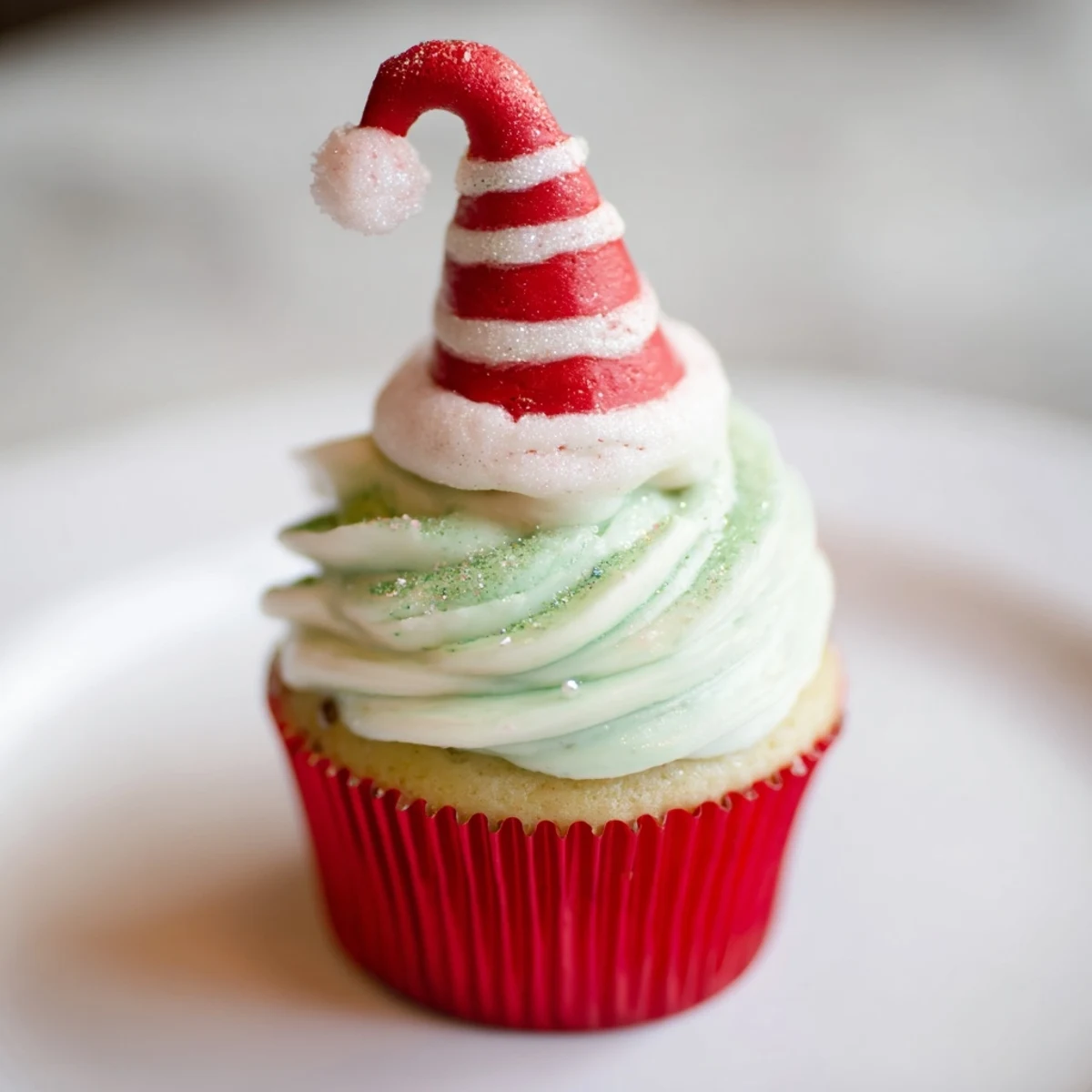A close-up of a whimsical Elf Hat Cupcake display, perfect for holiday celebrations.