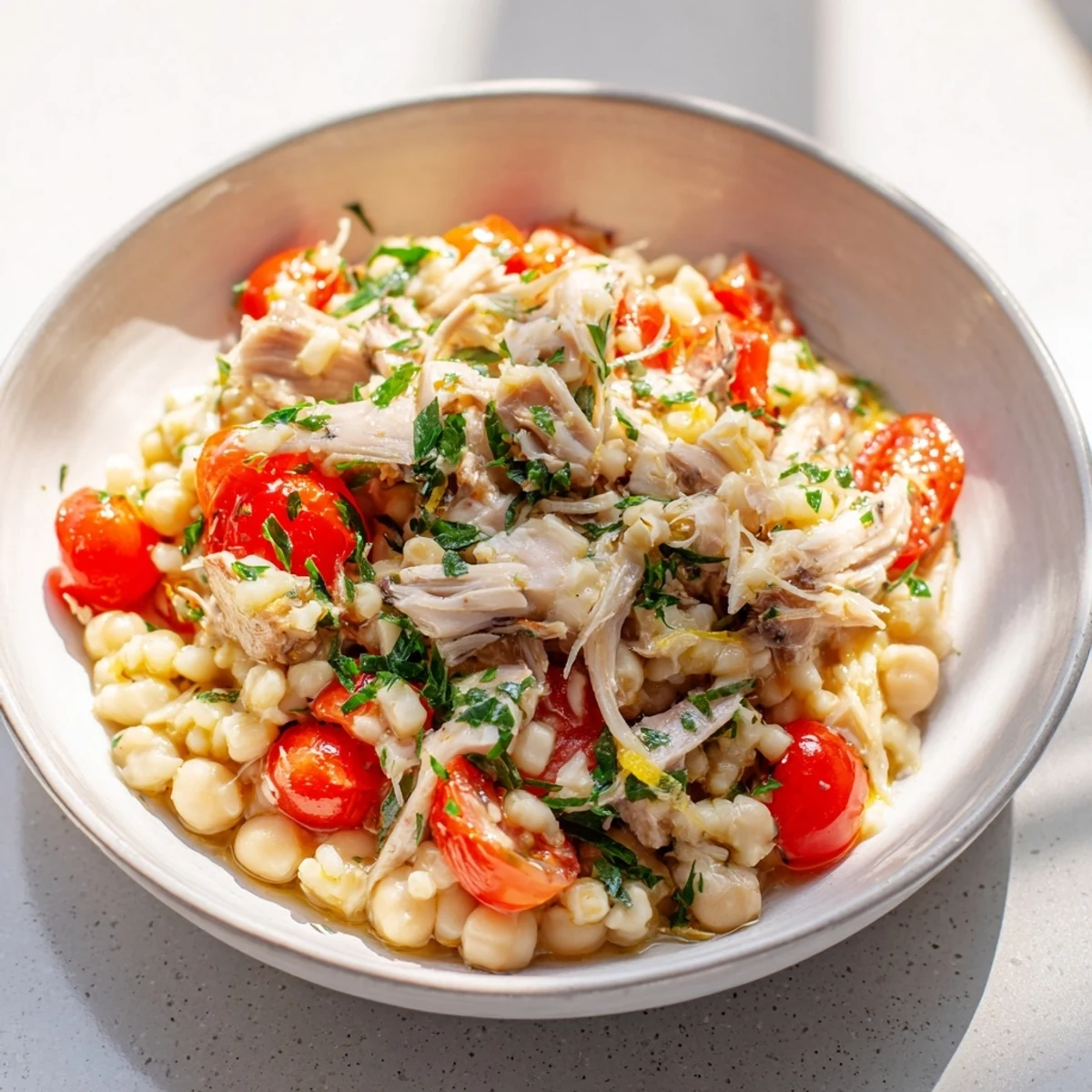 A vibrant close-up of Dense Chickpea and Tuna Salad, showcasing flaky tuna and bright red onions.