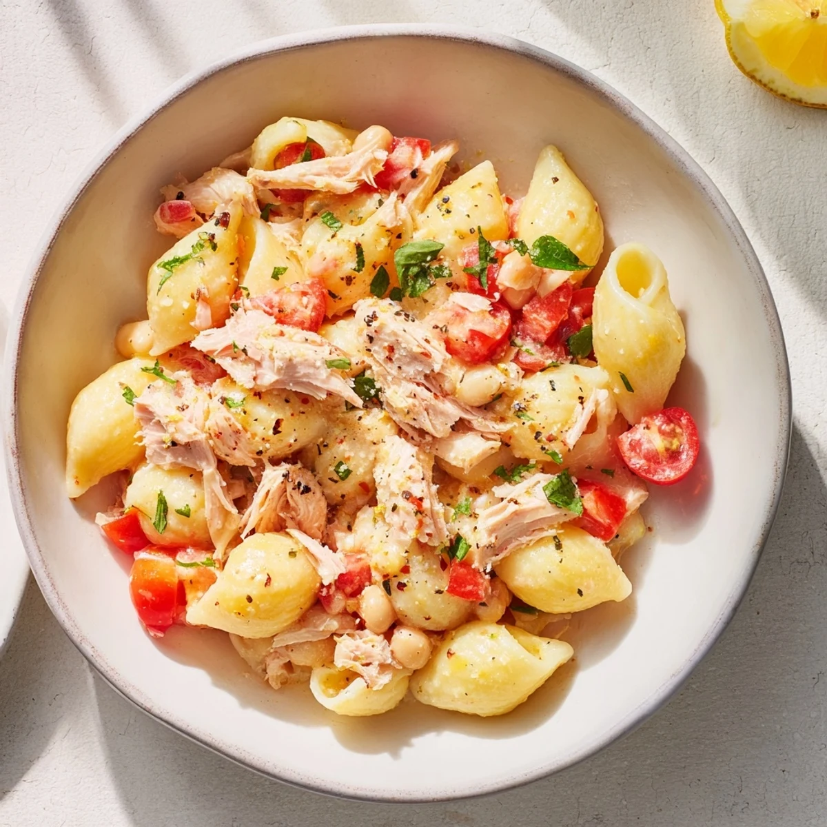 Creamy, flavorful Dense Chickpea and Tuna Salad with visible chickpeas, a healthful pescatarian lunch option.