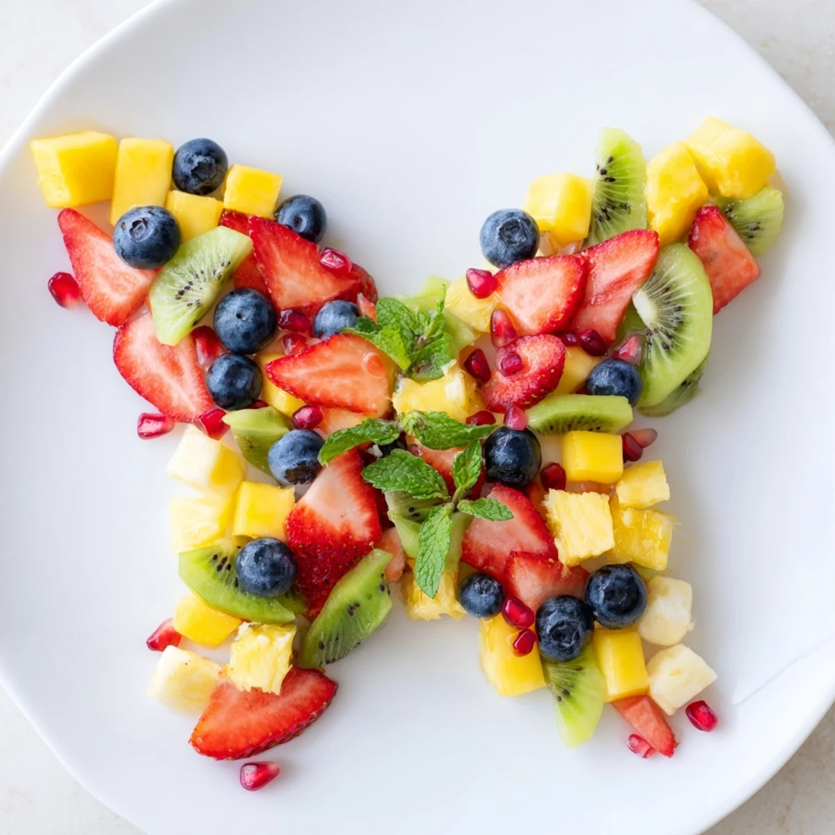 Vibrant Papillon de Fruits dÉté Vifs, a refreshing summer fruit salad artfully arranged for a fun dessert.