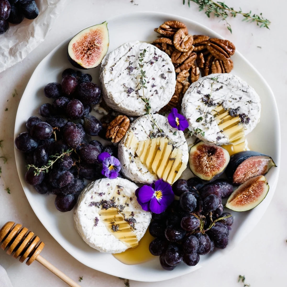 Freshly assembled The Lavender Haze cheese board arrangement featuring floral elements and appetizing textures to taste.