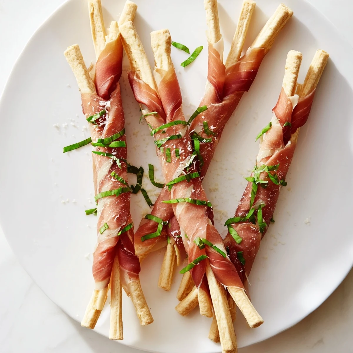 Golden Gate appetizer: Prosciutto ribbons elegantly drape between breadstick towers, a tasty treat.