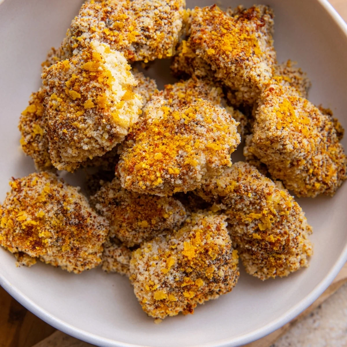 A close-up of delicious air fryer un-fried chicken nuggets on a plate, with a crispy coating.