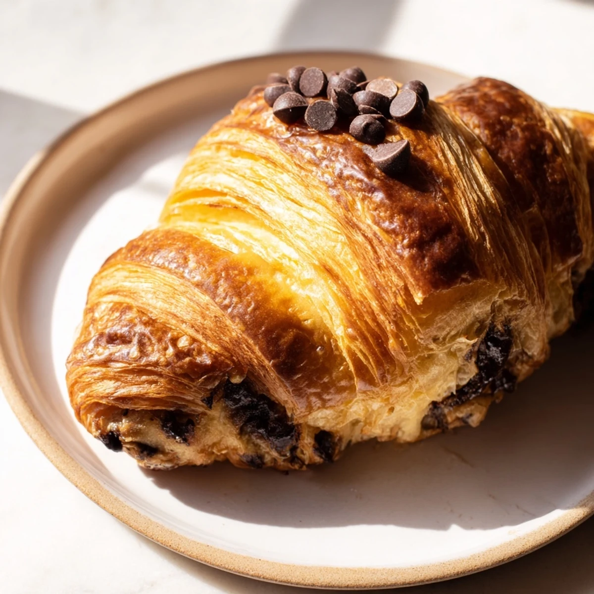 Warm, golden Chocolate Cookie Croissants with a gooey chocolate chip center, perfect for dessert.