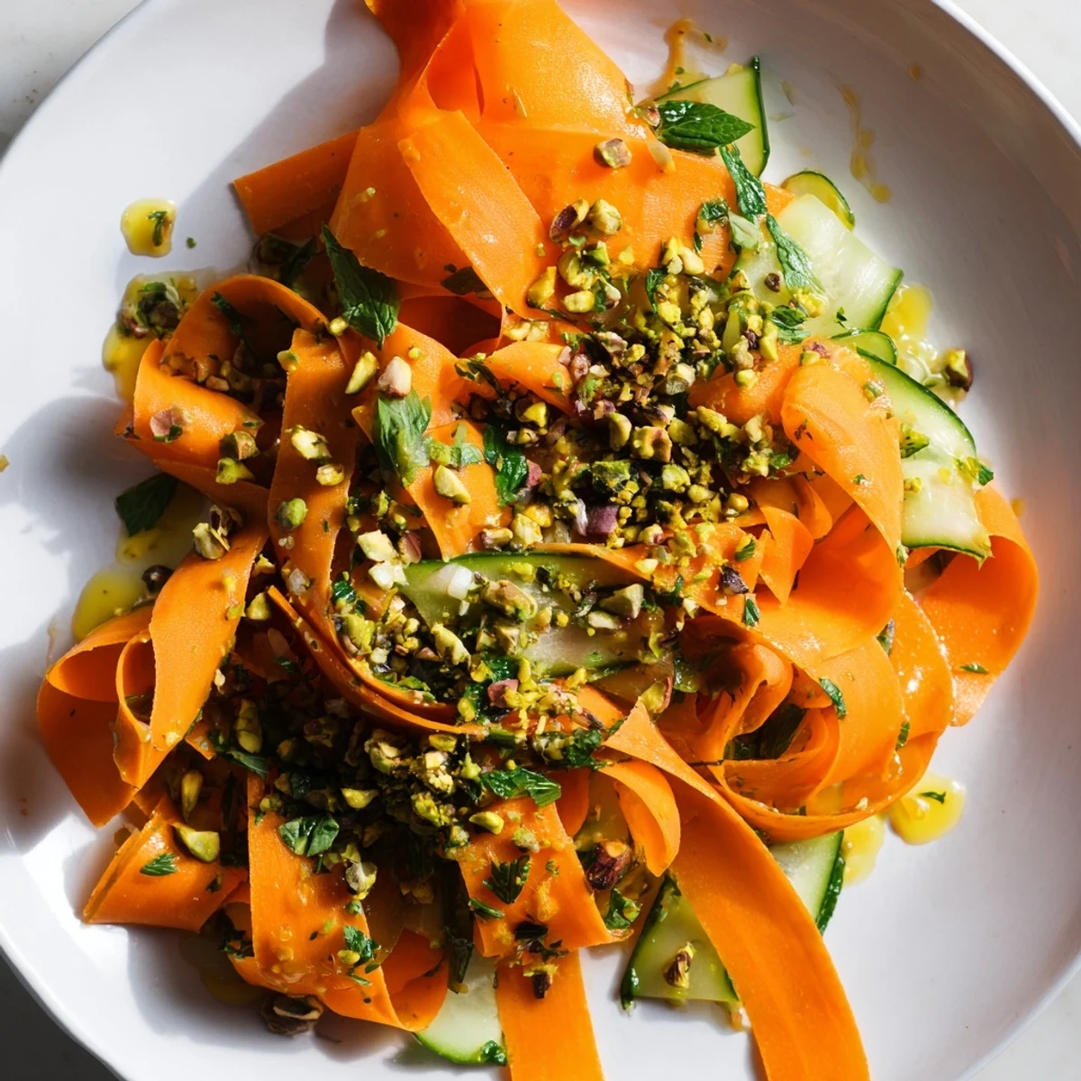 This fresh Citrus Carrot Ribbon Salad features delicate carrot ribbons tossed in a zesty dressing.