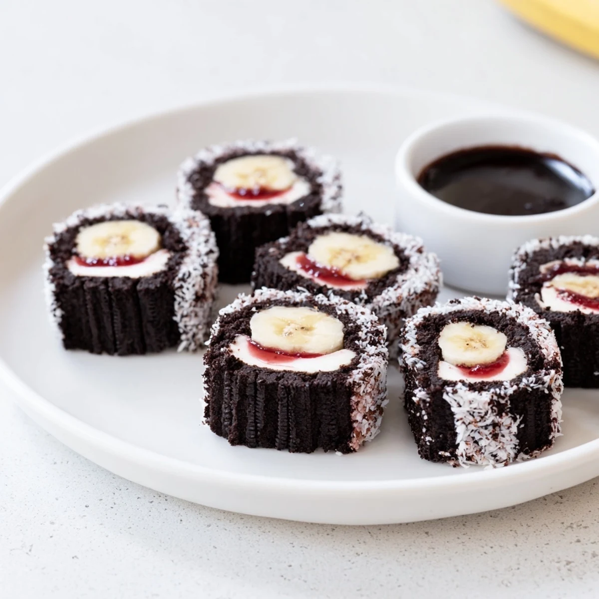 Delectable Oreo Cookie Sushi rolls served with a rich, dark chocolate soy dip.