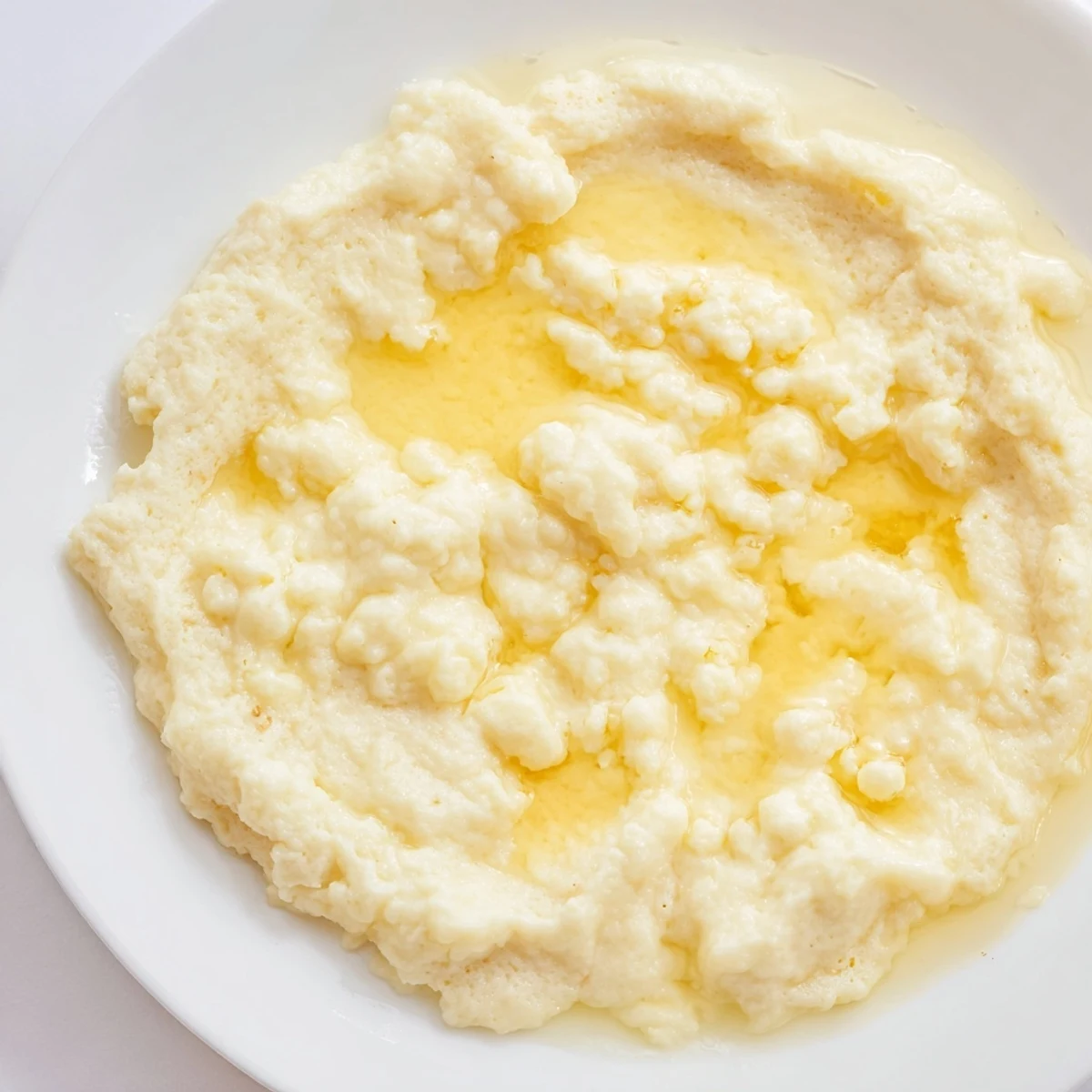 One-bowl preparation of the easy fluffy scrambled pancakes, with a creamy, lightly browned texture for serving.