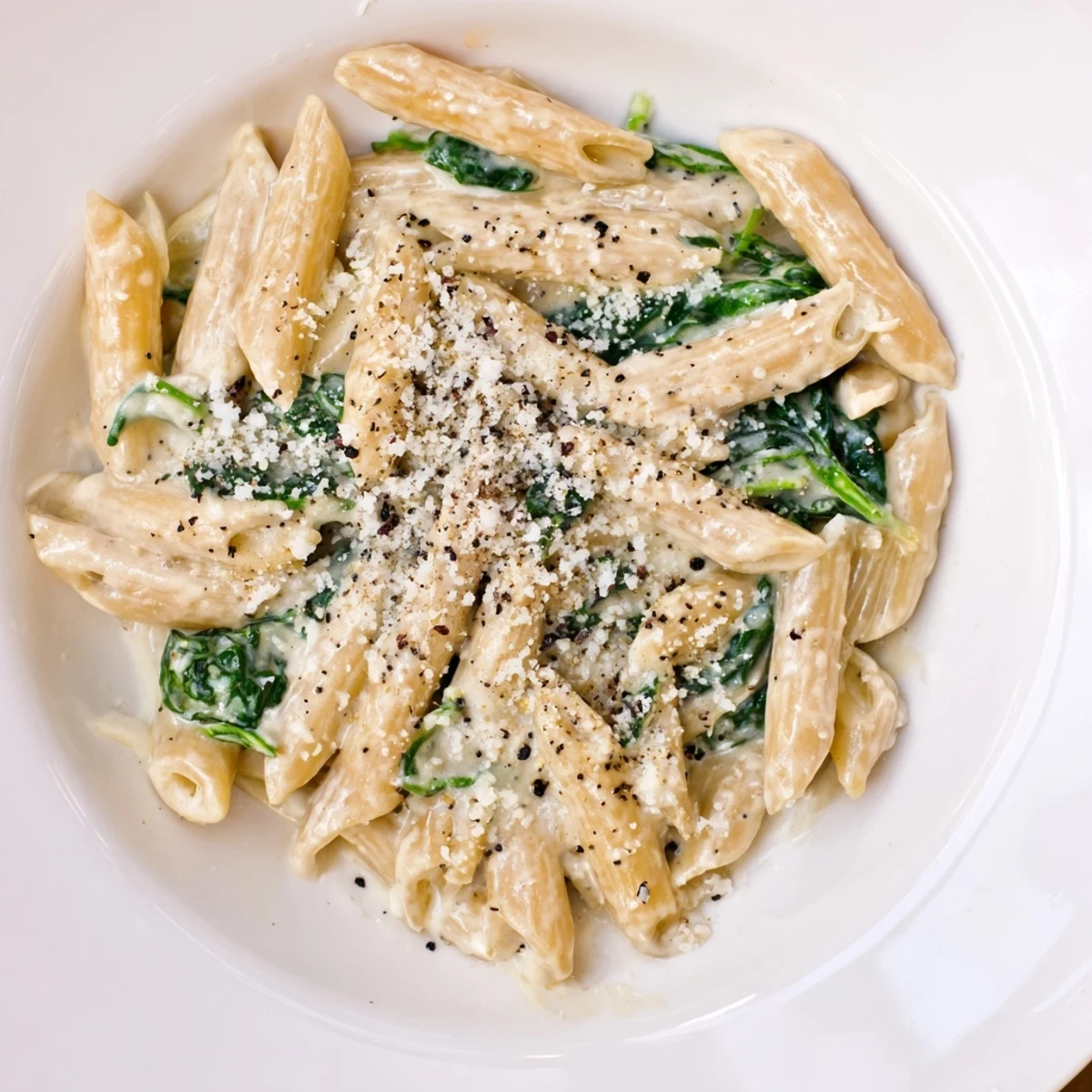 Steaming bowl of creamy spinach pasta, garnished with fresh Parmesan and pepper, looks delightful.