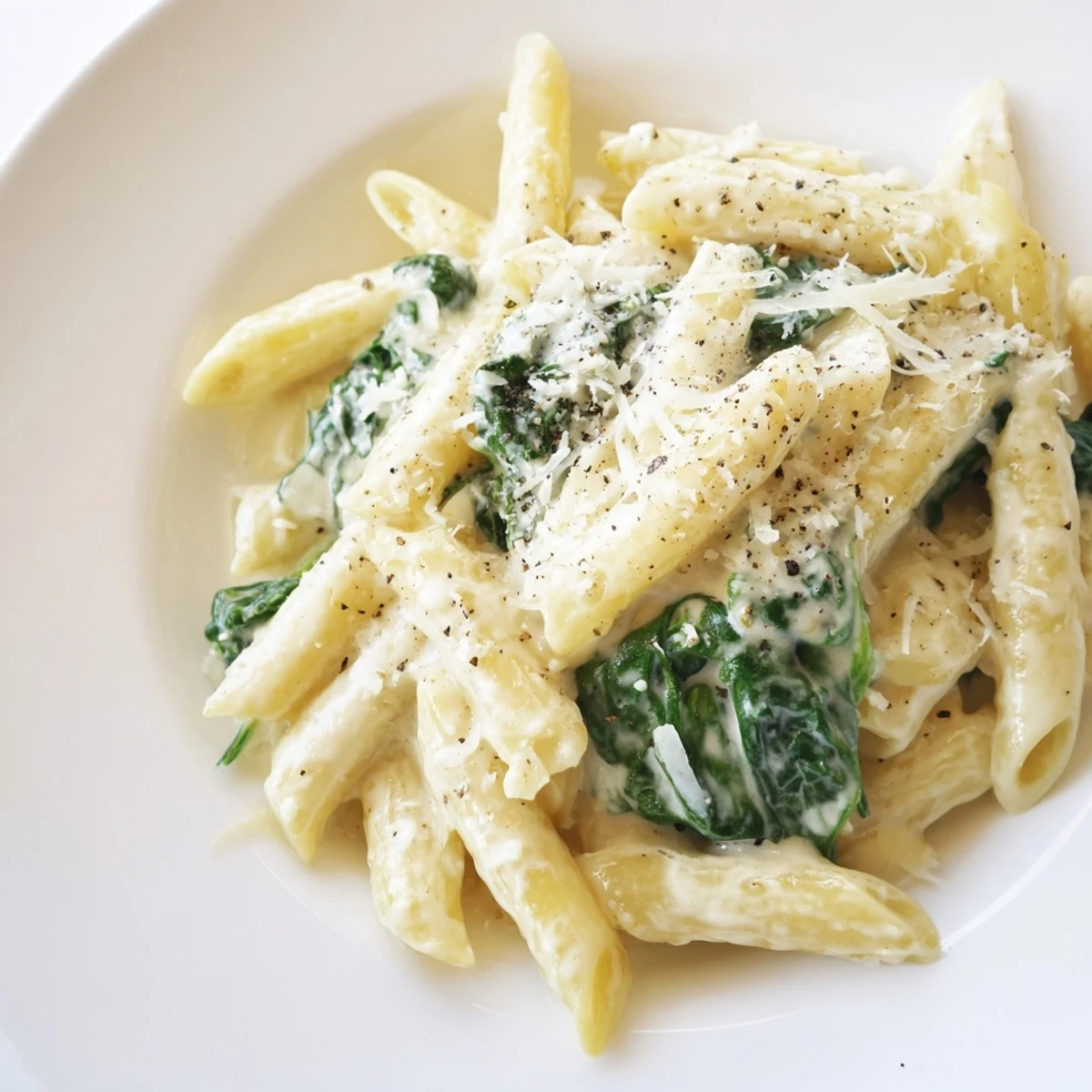 Close-up of creamy spinach pasta featuring twirled noodles in a vibrant, rich cream sauce.