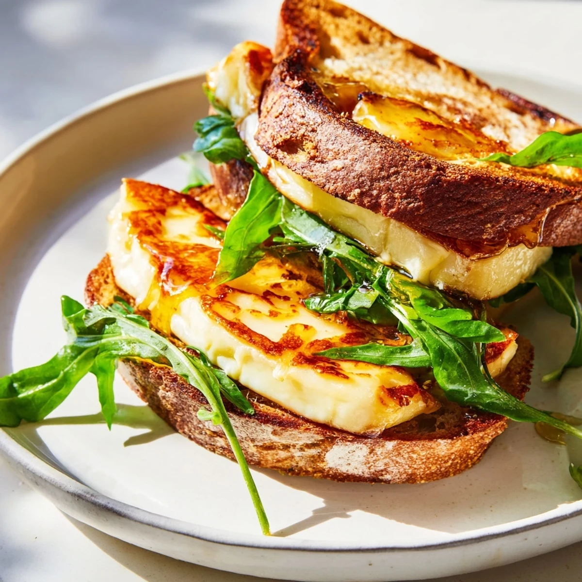 A close-up of a delicious, freshly made halloumi grilled cheese sandwich, ready to bite in.