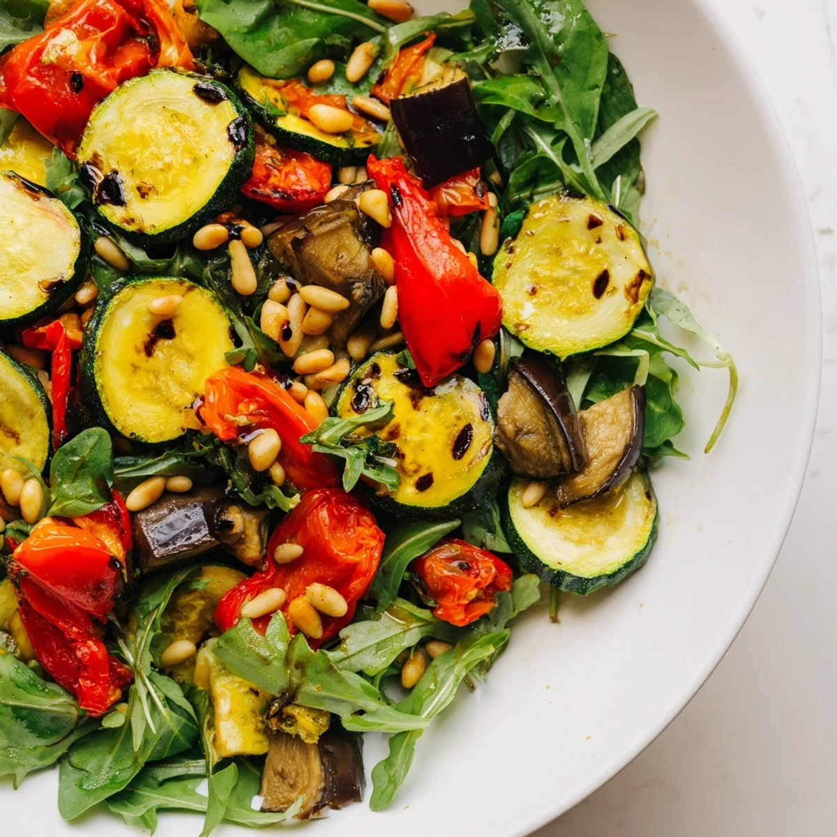This vibrant Roasted Vegetable Salad boasts warm, caramelized vegetables atop fresh and crisp salad greens.