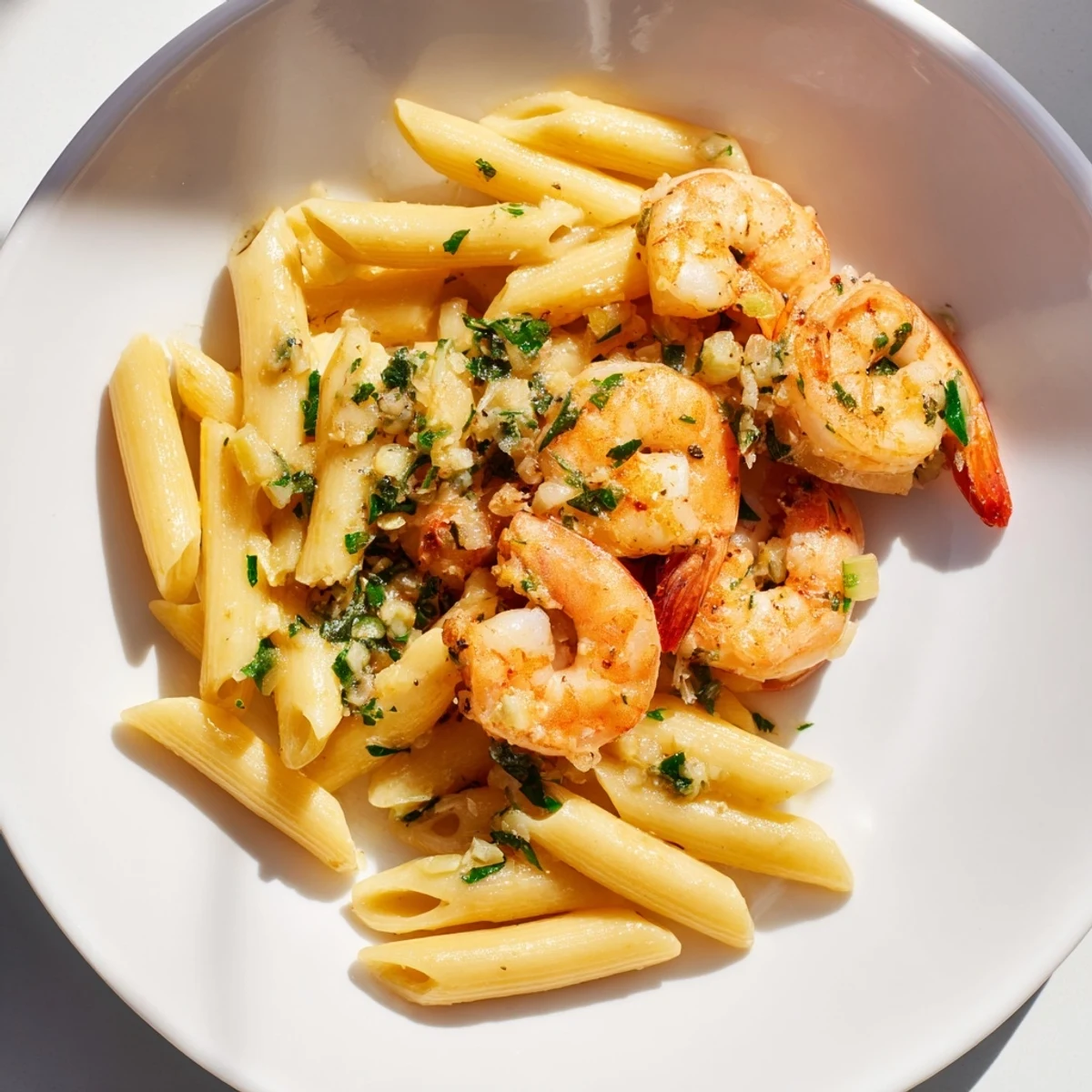 Golden Garlic Shrimp Penne, tossed with Parmesan and fresh parsley – a delightful Italian-American dish.