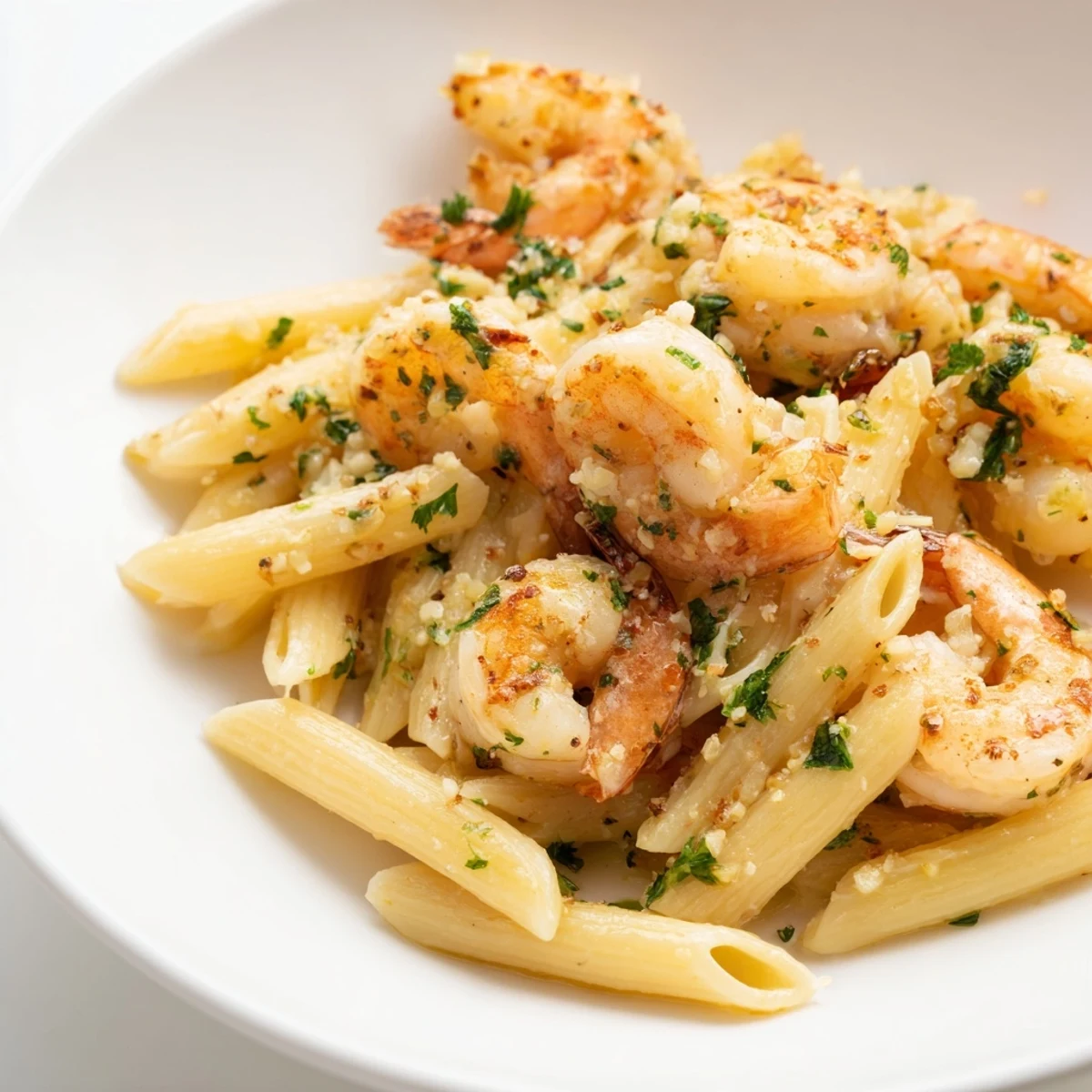 Delicious Garlic Shrimp Penne, perfectly cooked shrimp and pasta in a savory garlic butter sauce.
