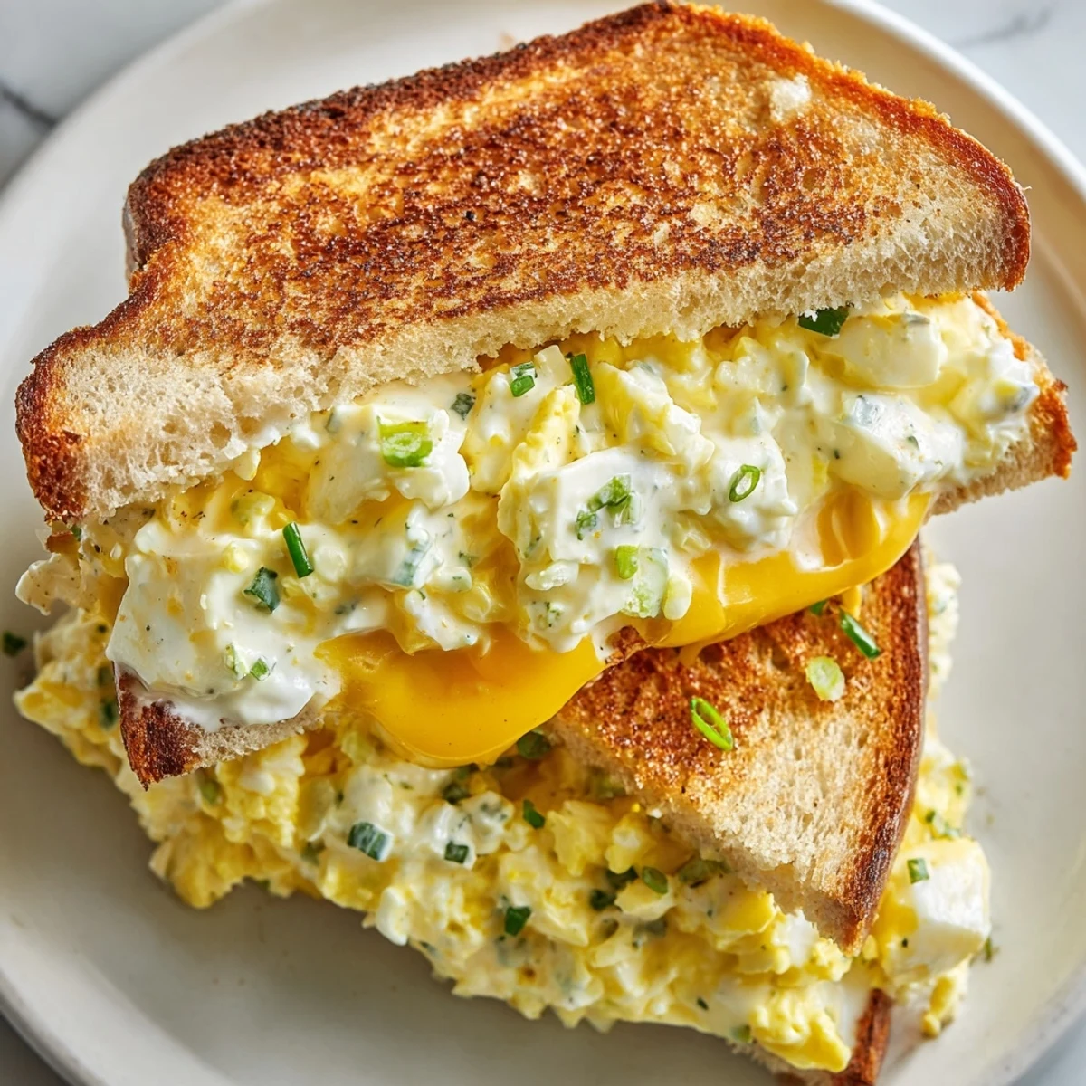 Golden, melty Egg Salad Grilled Cheese sandwich, a satisfying lunch with warm, toasted bread and savory filling.