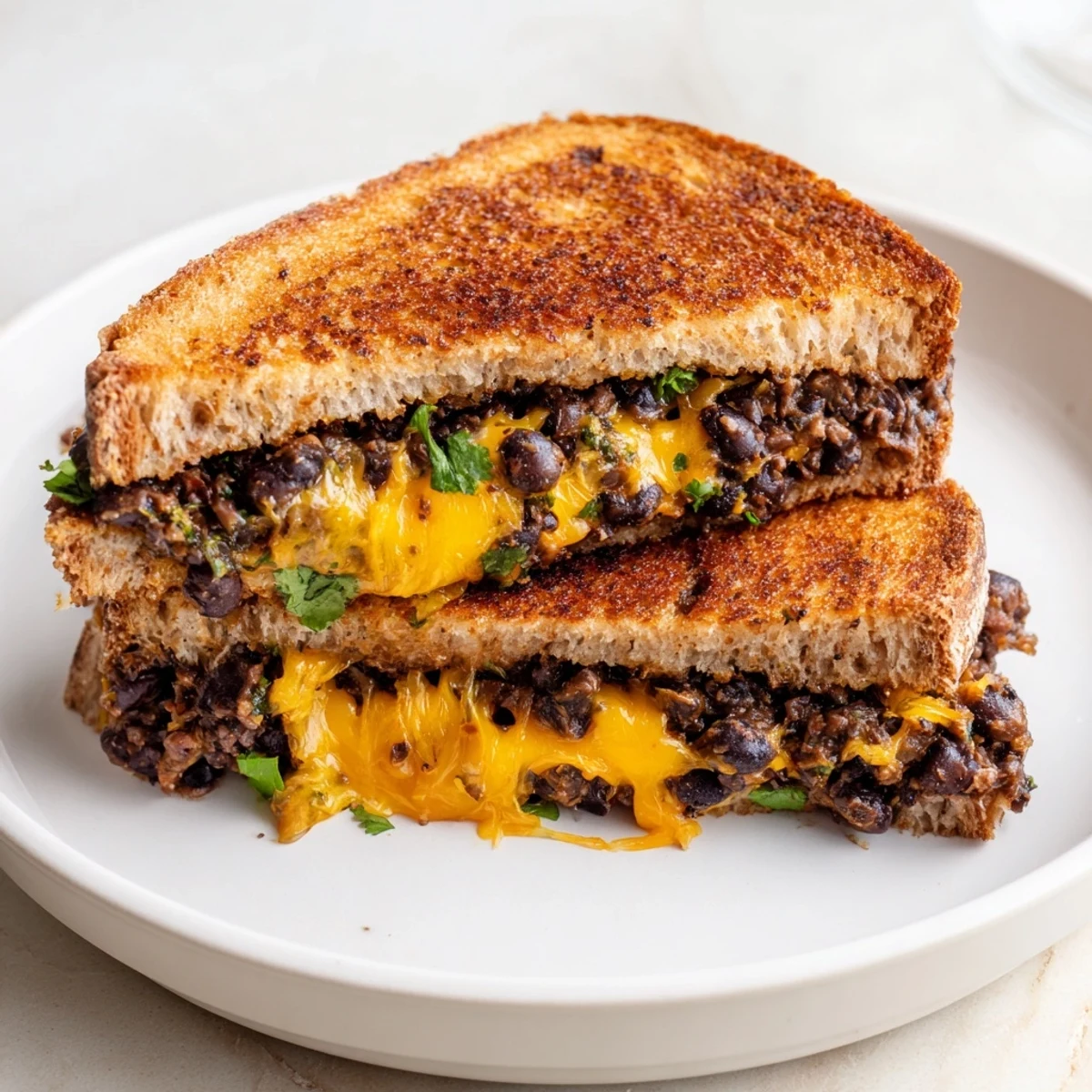 Melting cheddar cheese and seasoned black beans fill a delicious Black Bean Grilled Cheese ready to eat.