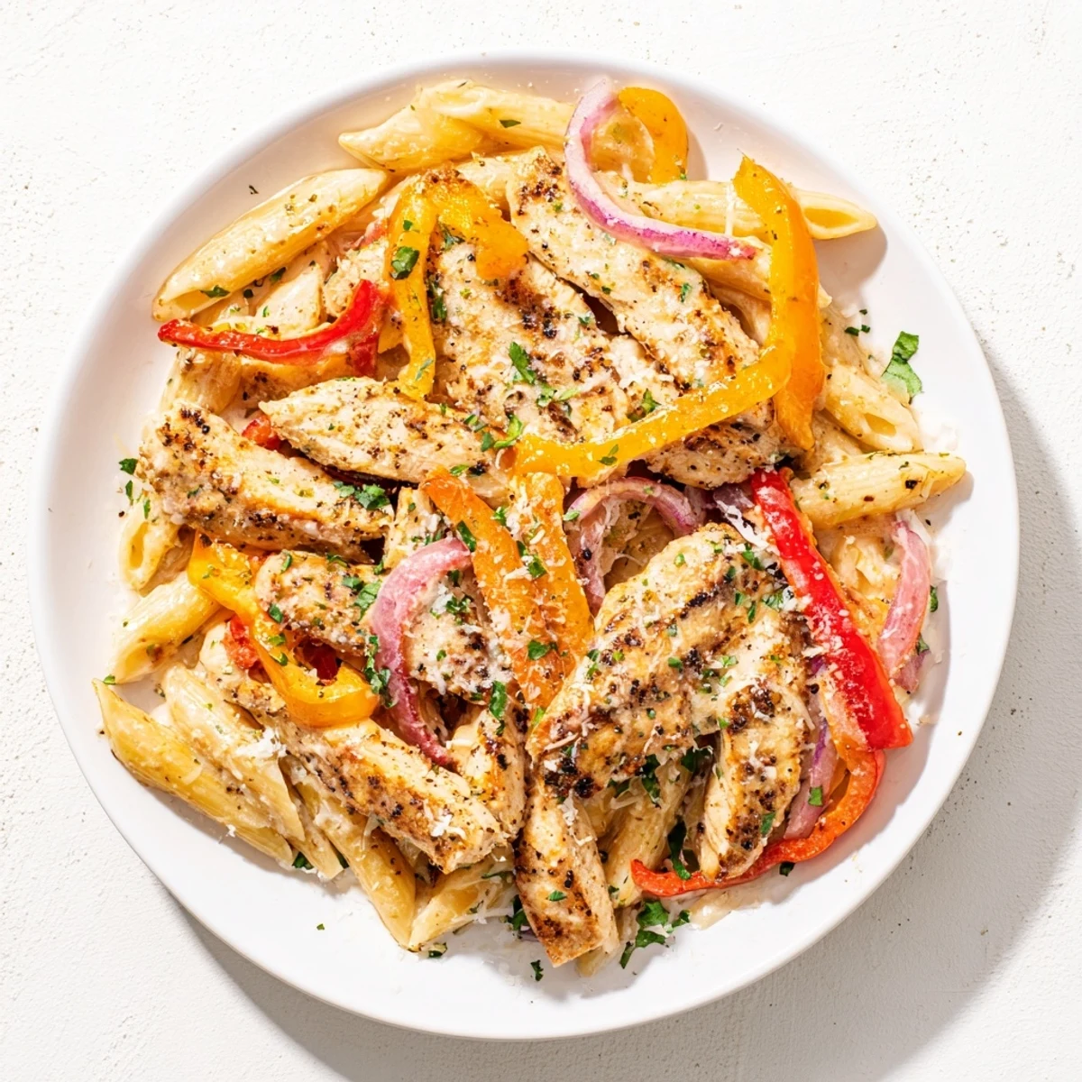 Sliced Cajun chicken pasta with creamy sauce, peppers, and parsley garnish, delicious and flavorful.