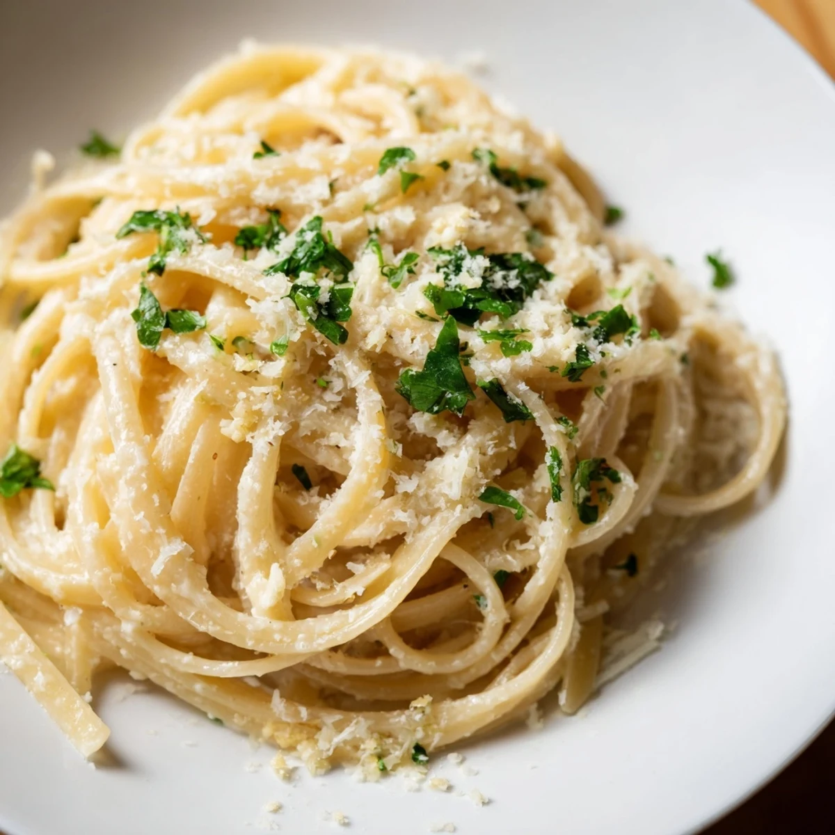 Golden garlic butter linguine, glistening with parsley, is ready for your enjoyment.